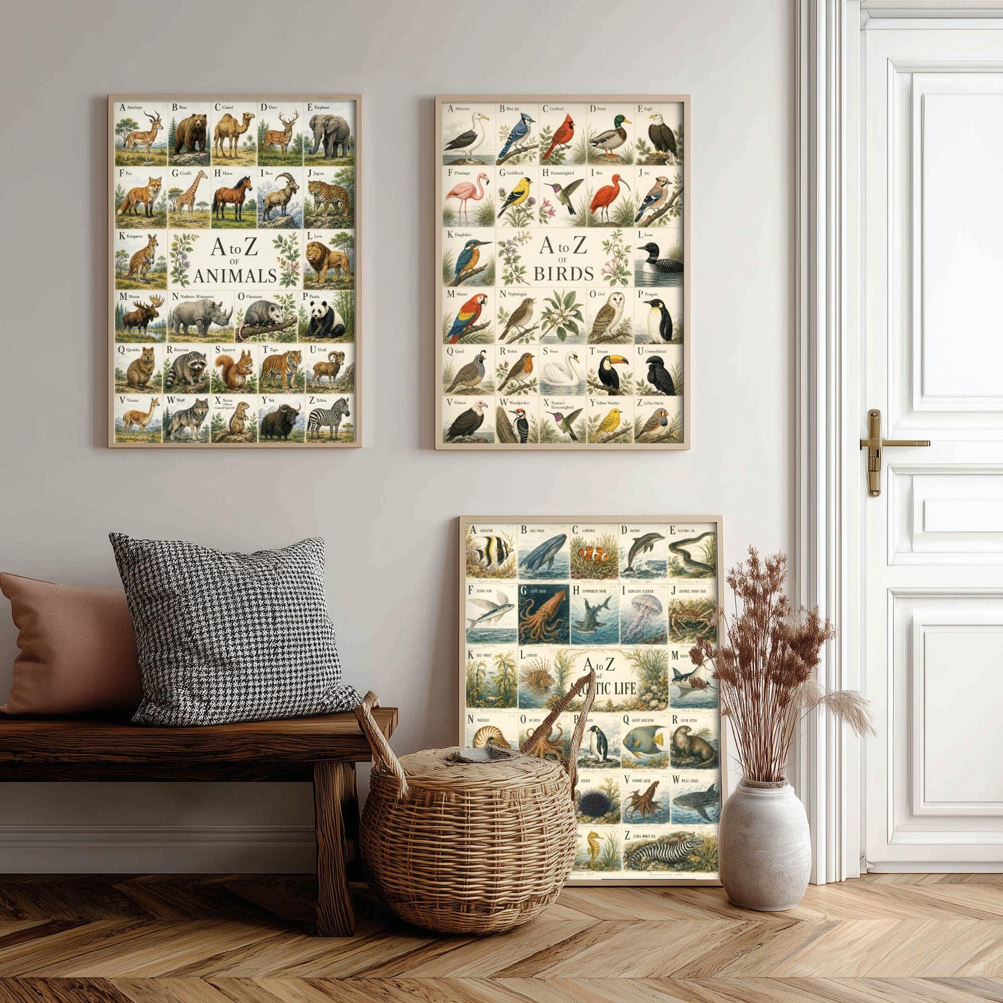 A to Z of Animals, Birds & Aquatic Life Set of Three Art Prints - 3 Vintage Alphabet Charts - Natural History Poster Illustration