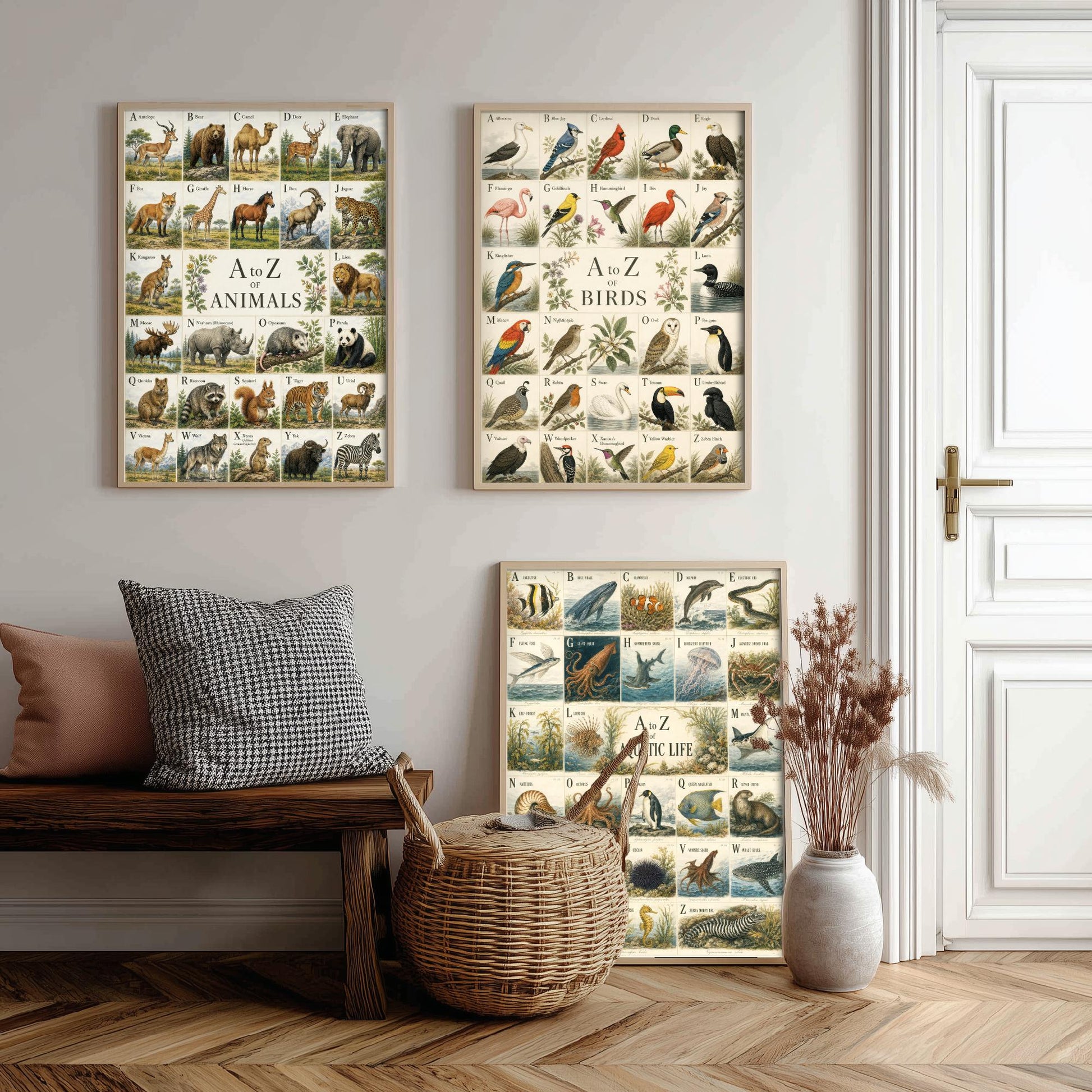A to Z of Animals, Birds & Aquatic Life Set of Three Art Prints - 3 Vintage Alphabet Charts - Natural History Poster Illustration