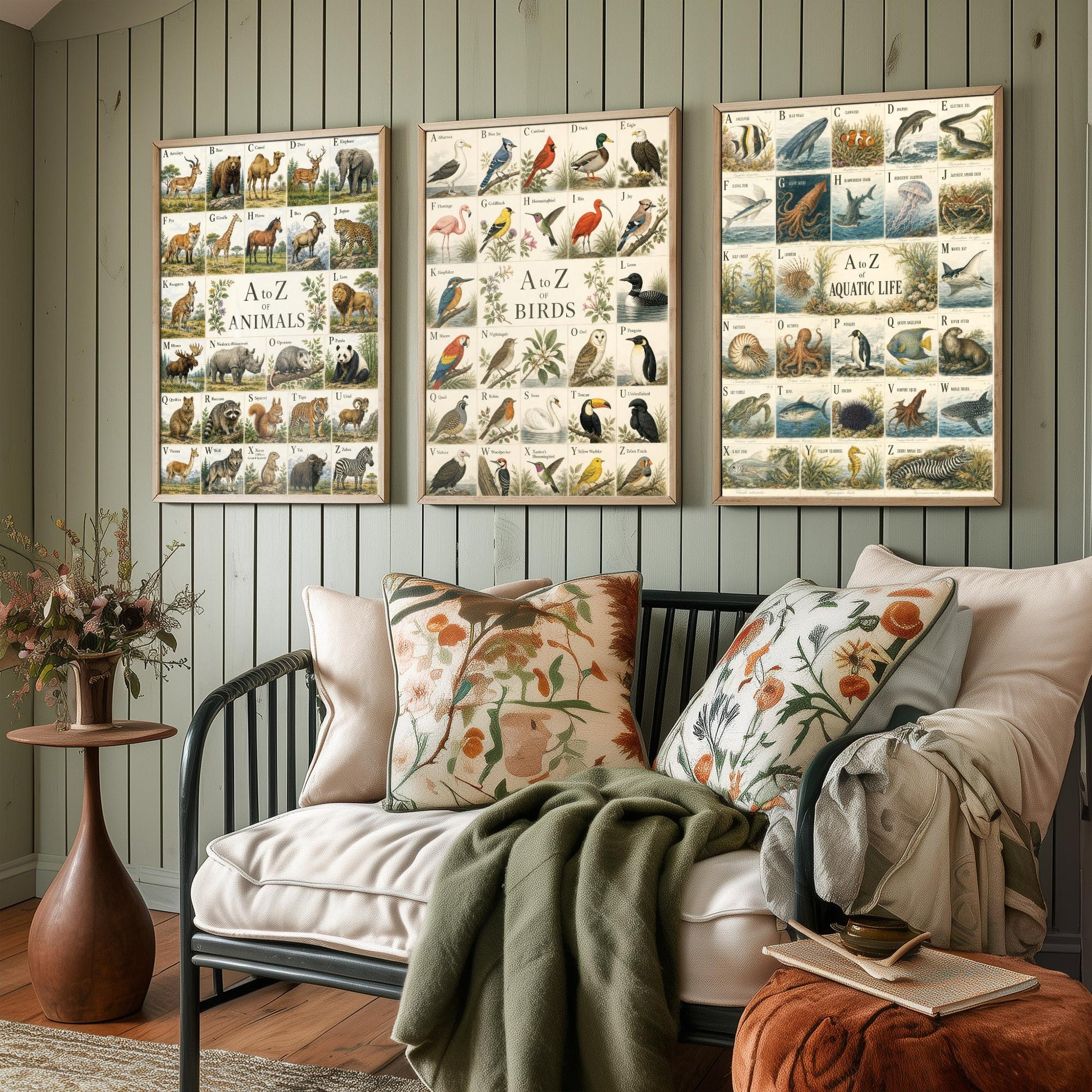 A to Z of Animals, Birds & Aquatic Life Set of Three Art Prints - 3 Vintage Alphabet Charts - Natural History Poster Illustration