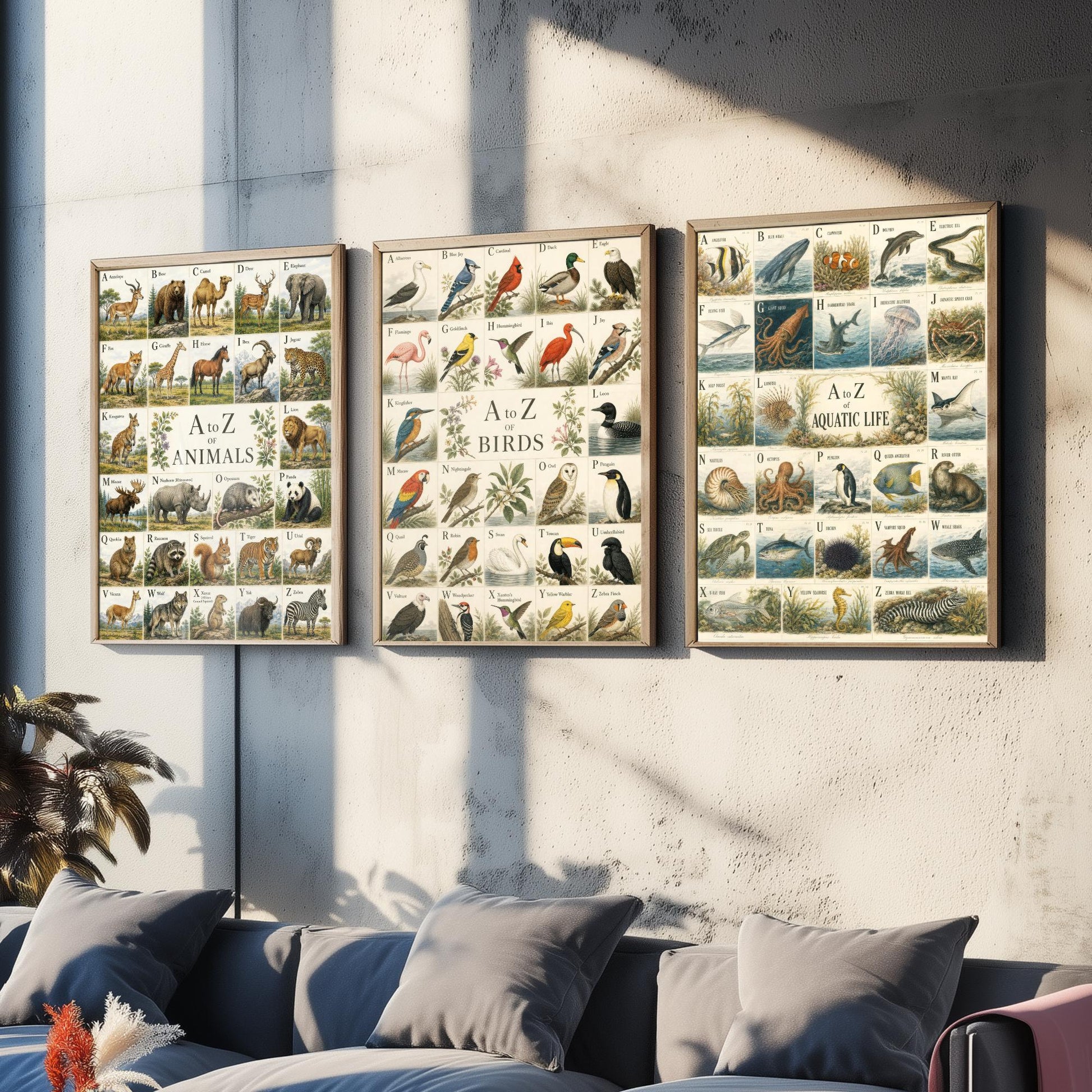 A to Z of Animals, Birds & Aquatic Life Set of Three Art Prints - 3 Vintage Alphabet Charts - Natural History Poster Illustration