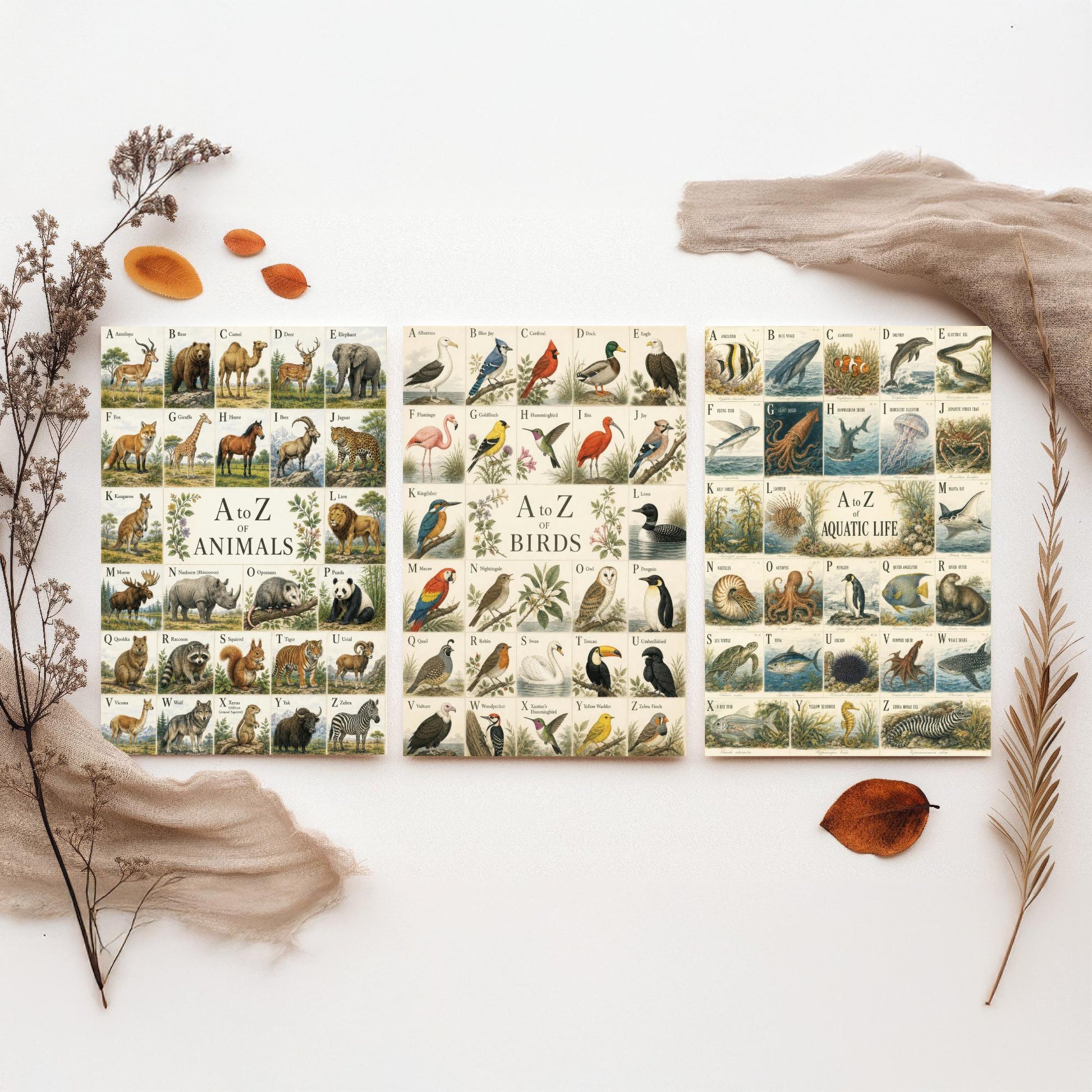 A to Z of Animals, Birds & Aquatic Life Set of Three Art Prints - 3 Vintage Alphabet Charts - Natural History Poster Illustration
