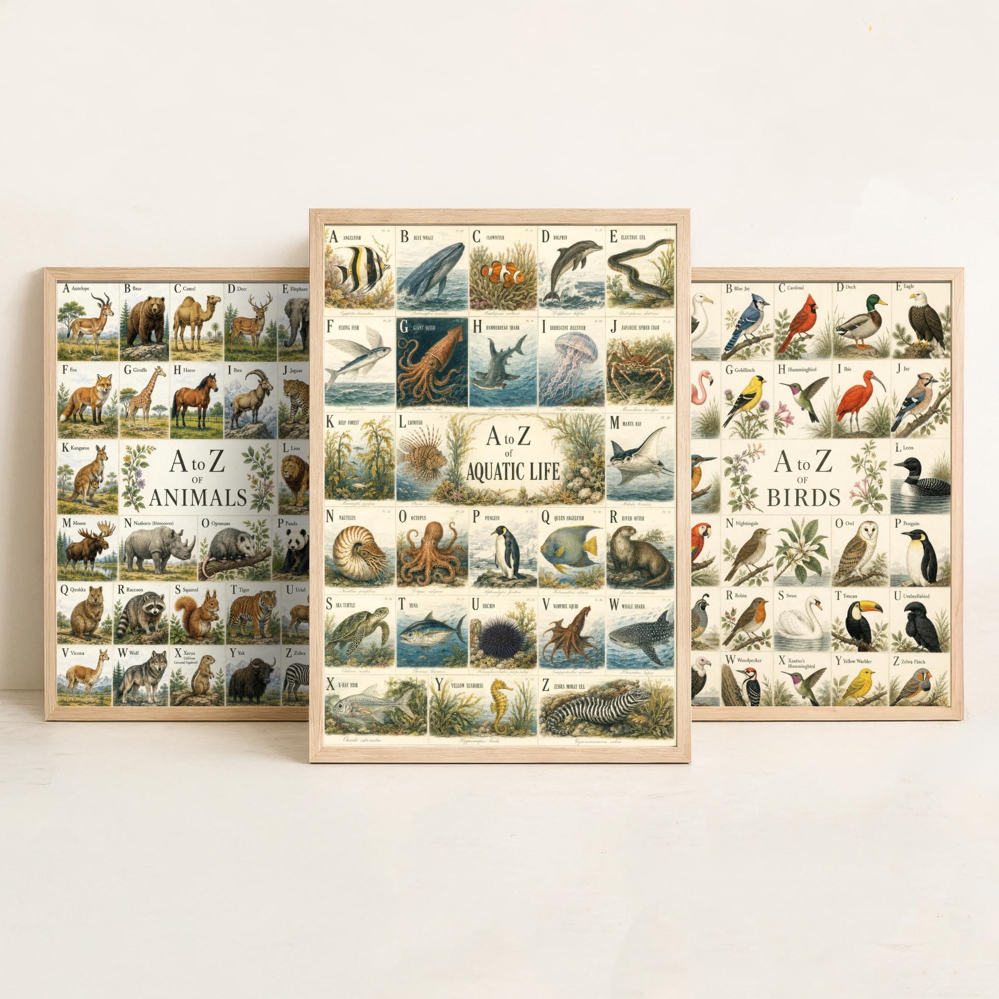 A to Z of Animals, Birds & Aquatic Life Set of Three Art Prints - 3 Vintage Alphabet Charts - Natural History Poster Illustration
