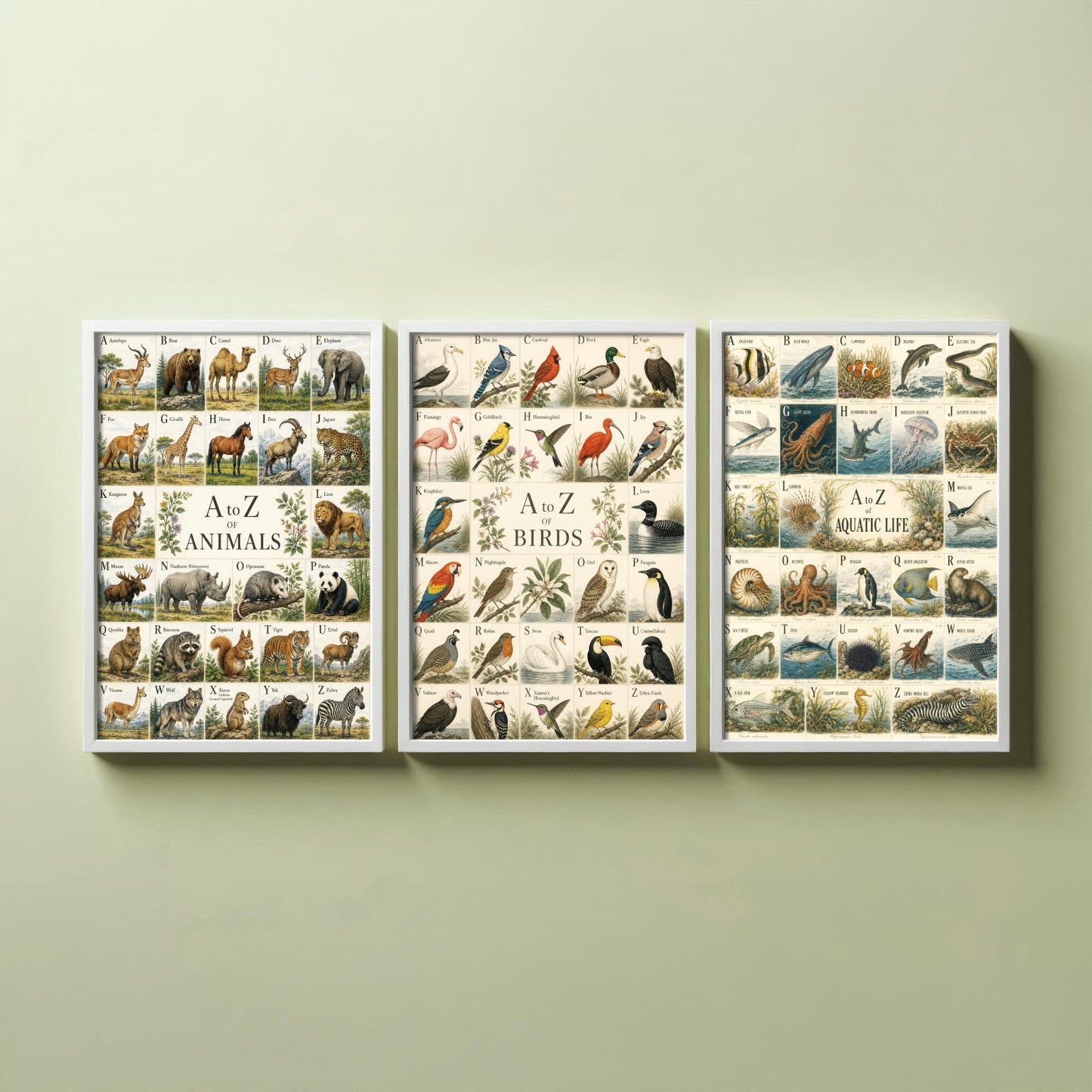 A to Z of Animals, Birds & Aquatic Life Set of Three Art Prints - 3 Vintage Alphabet Charts - Natural History Poster Illustration