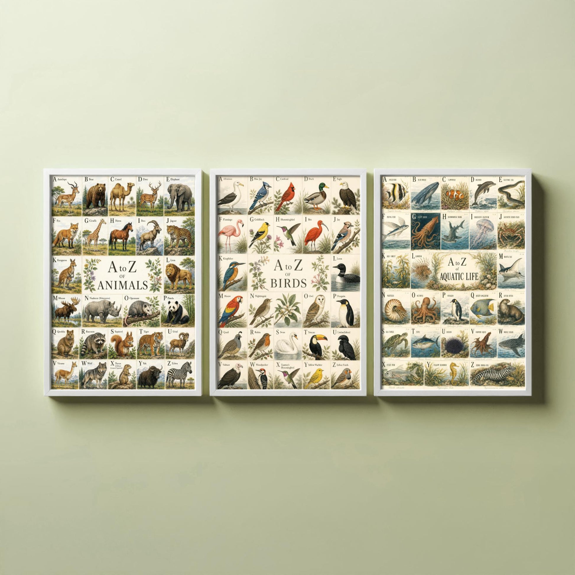 A to Z of Animals, Birds & Aquatic Life Set of Three Art Prints - 3 Vintage Alphabet Charts - Natural History Poster Illustration