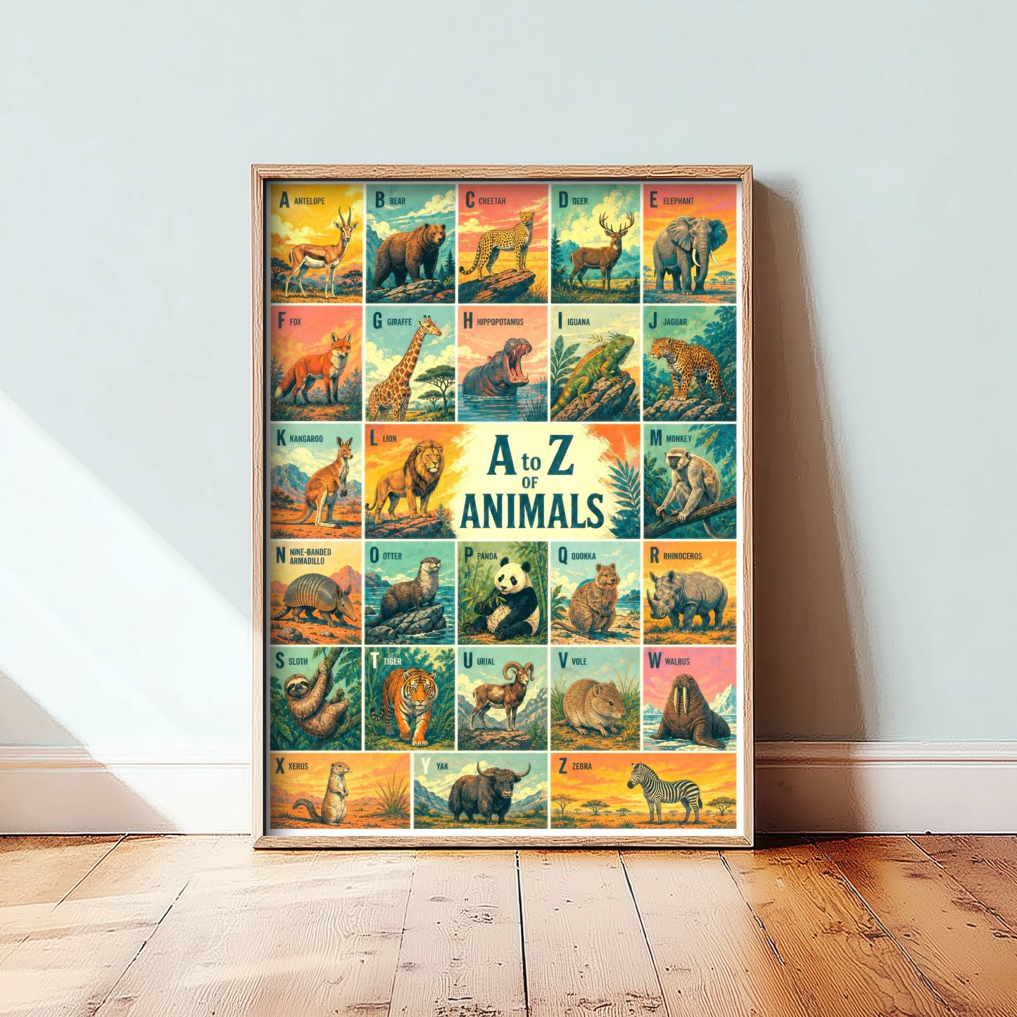 A to Z of Animals Alphabet Art Print - Colourful Retro Illustration - Kids Animal Chart Poster 1/3