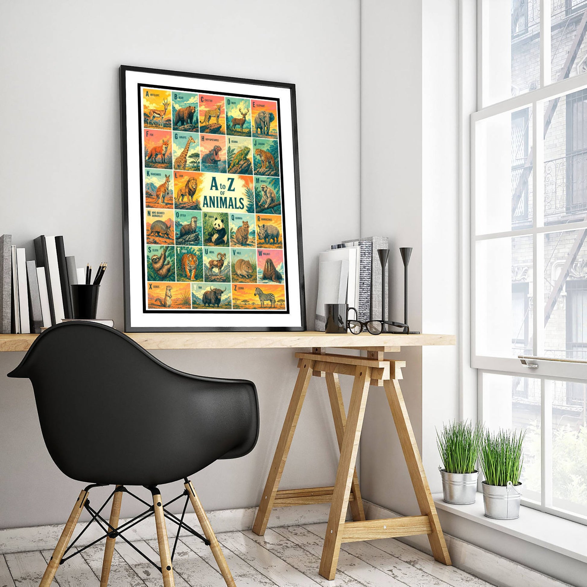 A to Z of Animals Alphabet Art Print - Colourful Retro Illustration - Kids Animal Chart Poster 1/3