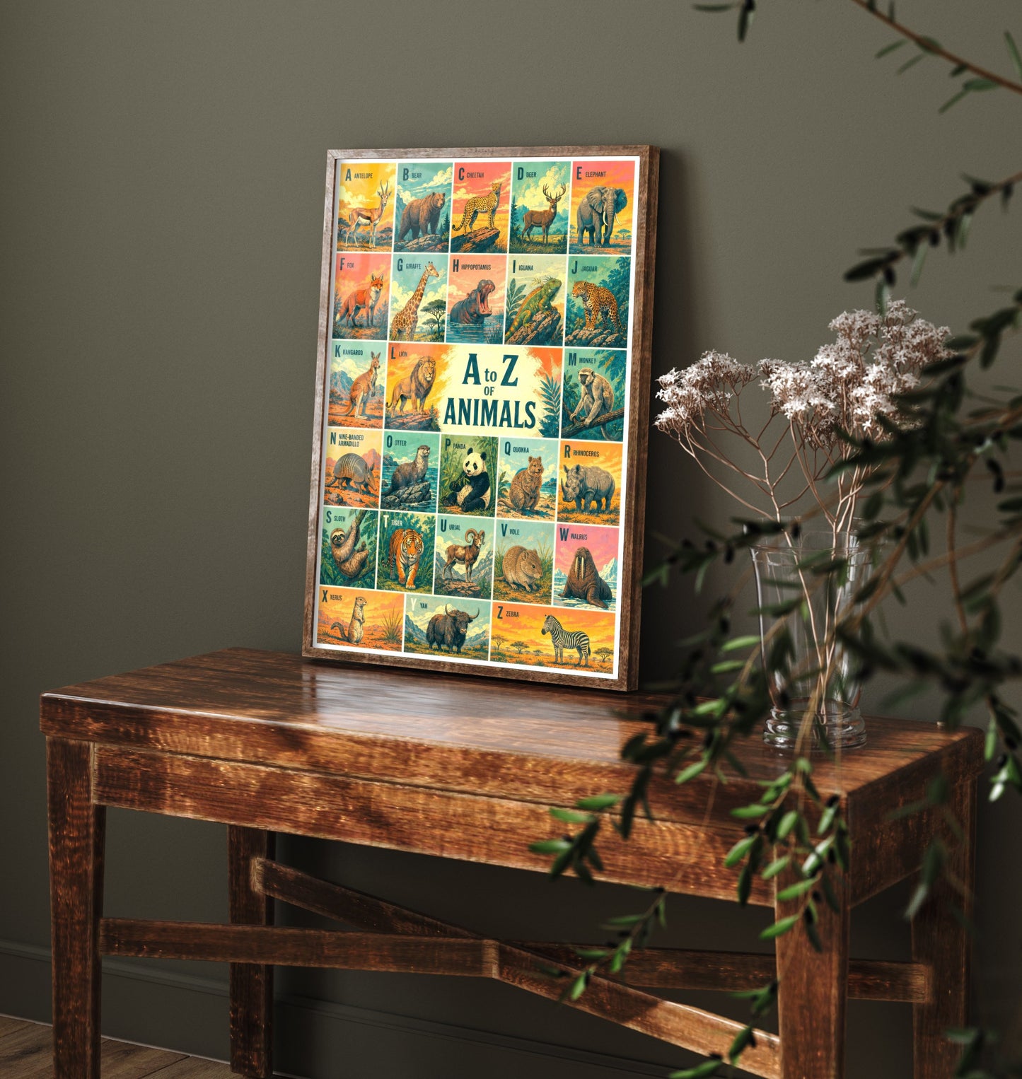 A to Z of Animals Alphabet Art Print - Colourful Retro Illustration - Kids Animal Chart Poster 1/3