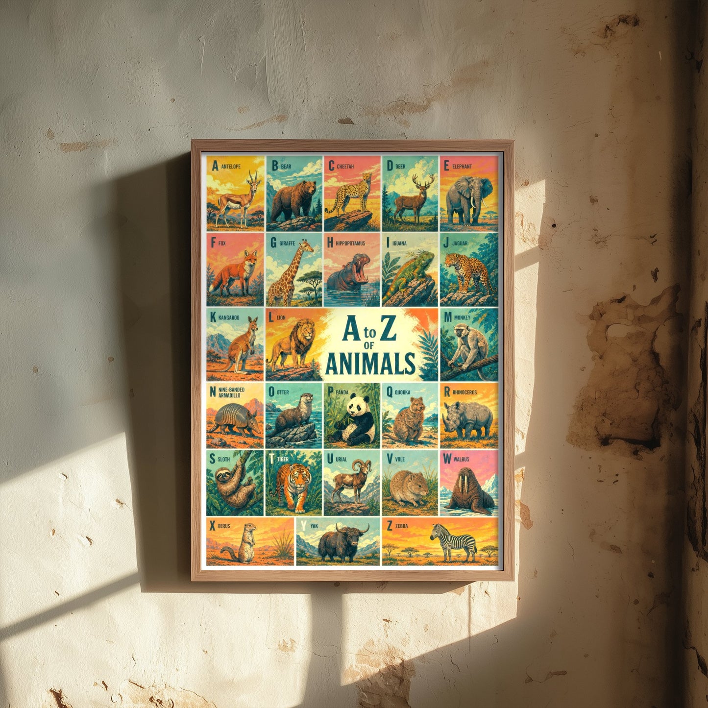 A to Z of Animals Alphabet Art Print - Colourful Retro Illustration - Kids Animal Chart Poster 1/3