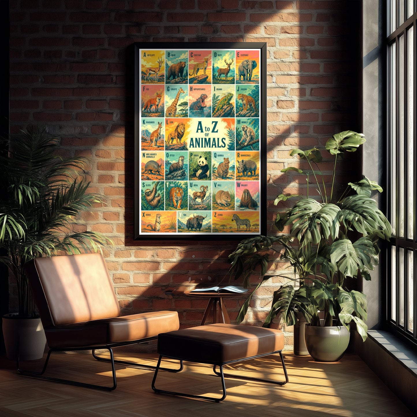 A to Z of Animals Alphabet Art Print - Colourful Retro Illustration - Kids Animal Chart Poster 1/3