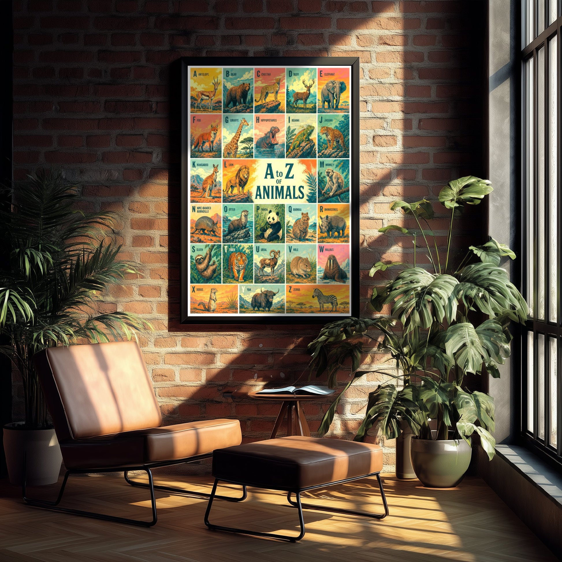 A to Z of Animals Alphabet Art Print - Colourful Retro Illustration - Kids Animal Chart Poster 1/3