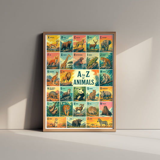 A to Z of Animals Alphabet Art Print - Colourful Retro Illustration - Kids Animal Chart Poster 1/3