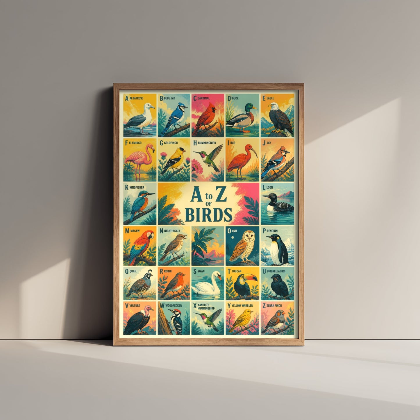 A to Z of Birds Alphabet Art Print - Colourful Retro Illustration - Kids Bird Chart Poster 2/3