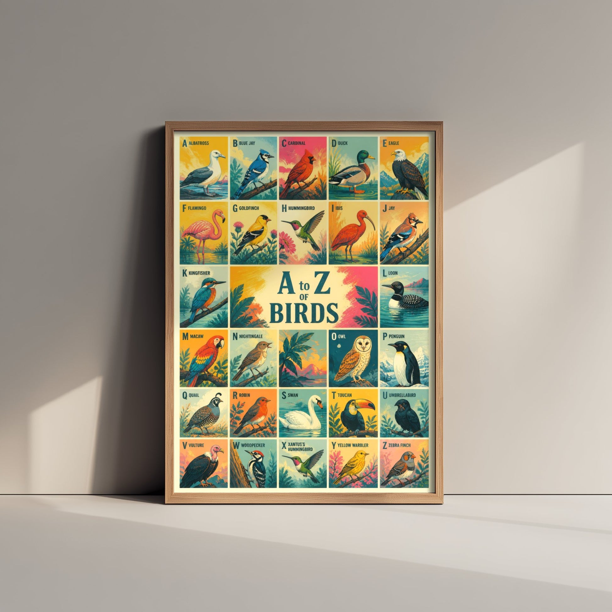 A to Z of Birds Alphabet Art Print - Colourful Retro Illustration - Kids Bird Chart Poster 2/3