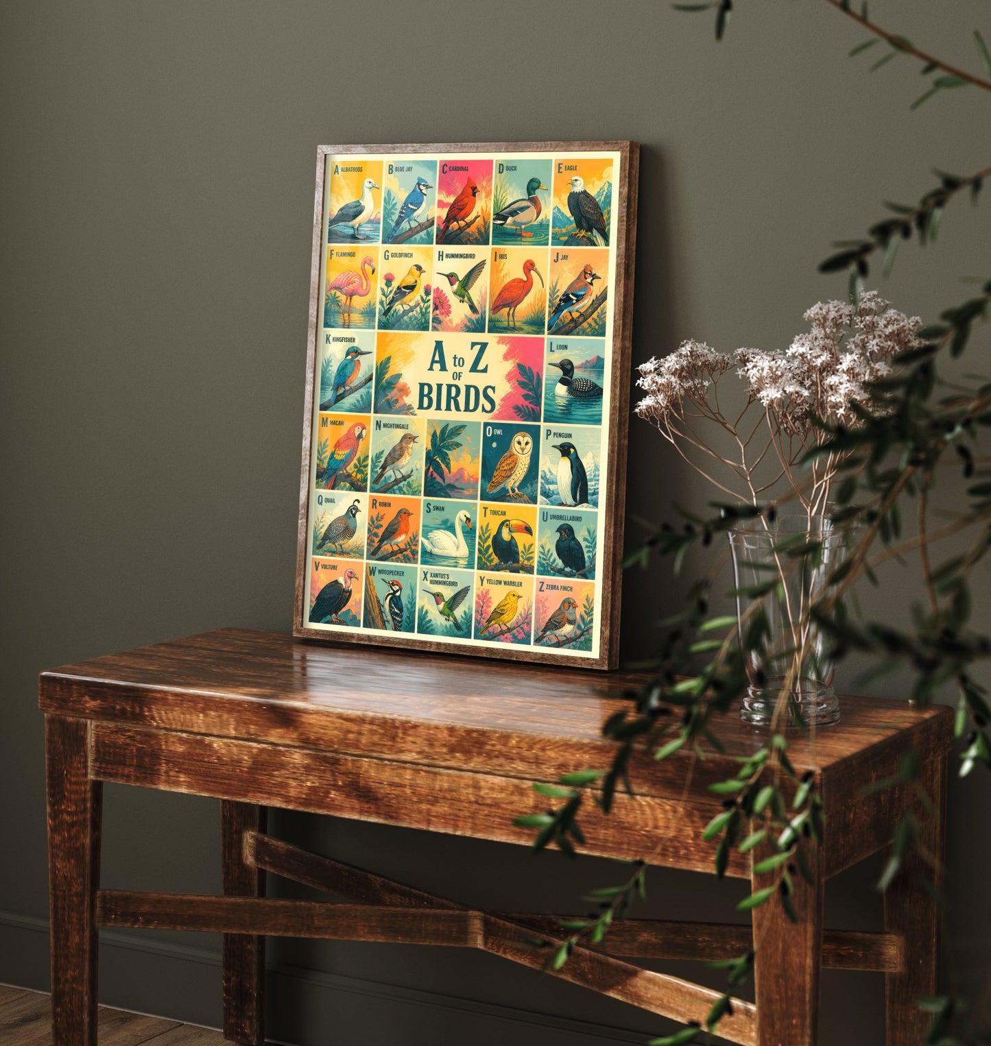 A to Z of Birds Alphabet Art Print - Colourful Retro Illustration - Kids Bird Chart Poster 2/3