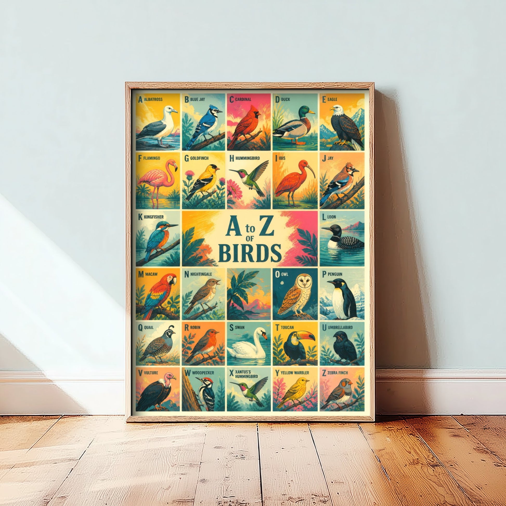 A to Z of Birds Alphabet Art Print - Colourful Retro Illustration - Kids Bird Chart Poster 2/3