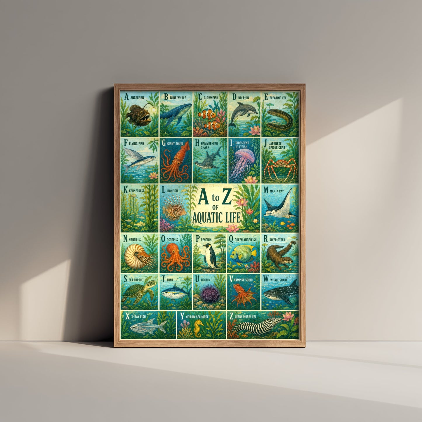 A to Z of Aquatic Life Alphabet Art Print - Colourful Retro Illustration - Kids Ocean Chart Poster 3/3