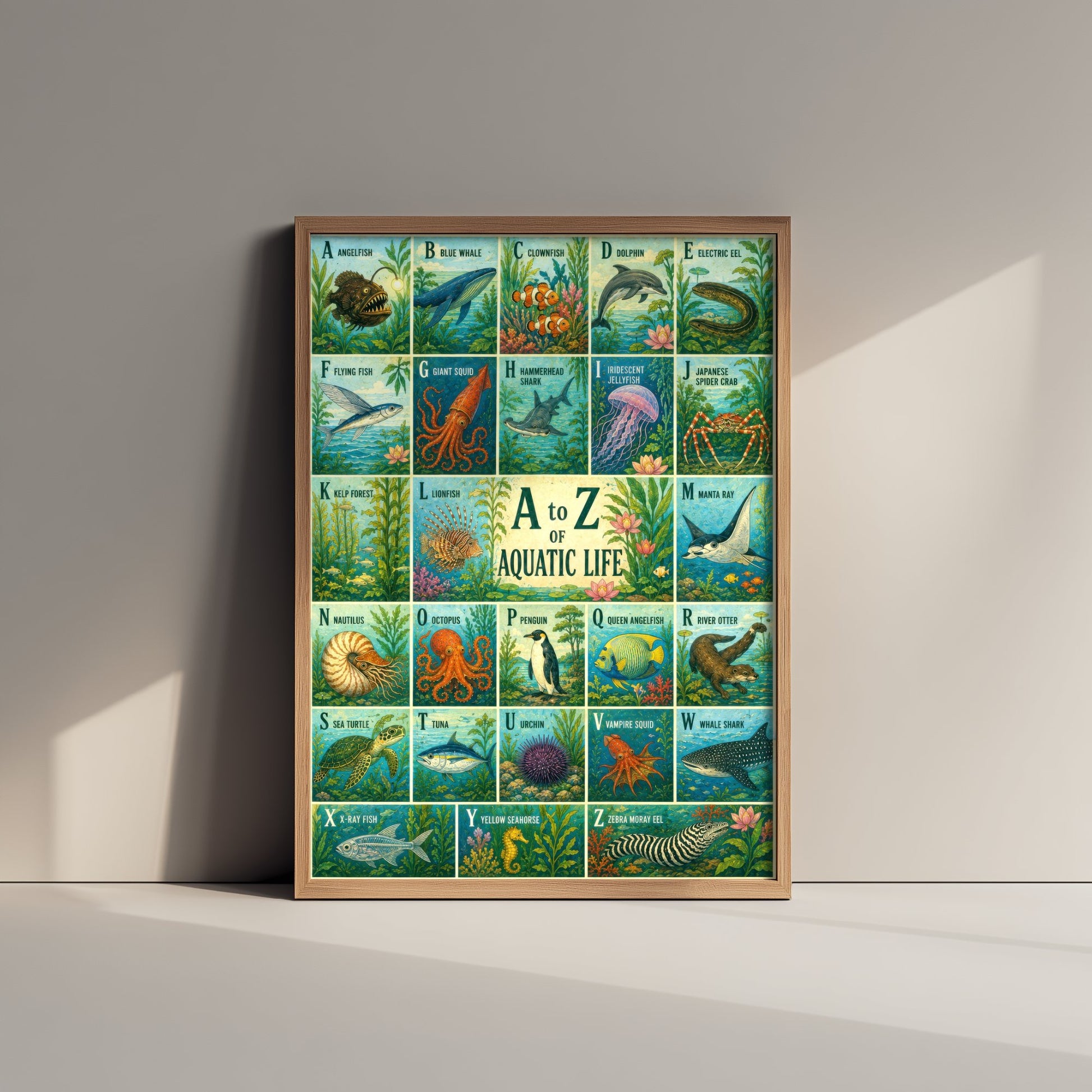 A to Z of Aquatic Life Alphabet Art Print - Colourful Retro Illustration - Kids Ocean Chart Poster 3/3