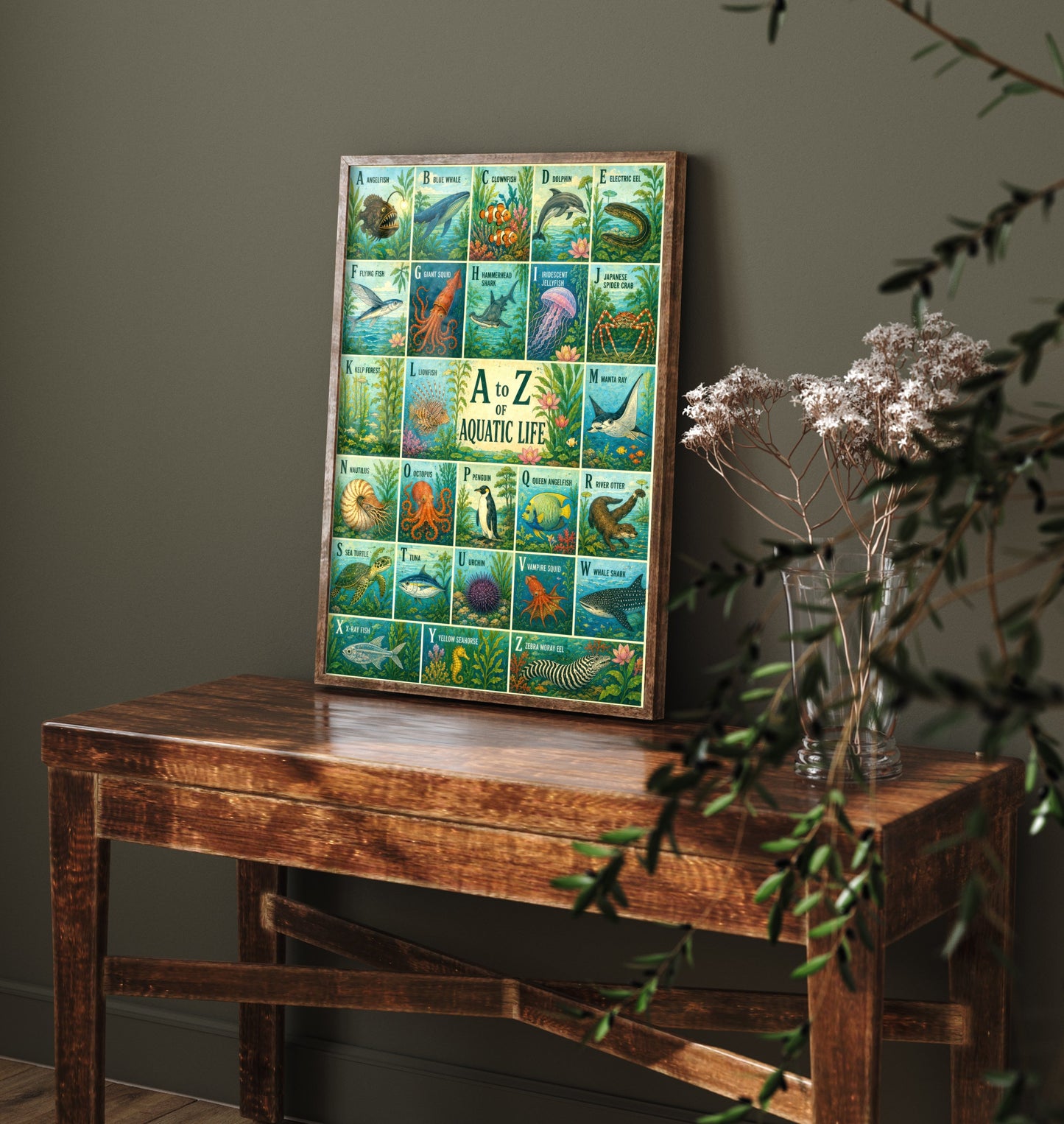 A to Z of Aquatic Life Alphabet Art Print - Colourful Retro Illustration - Kids Ocean Chart Poster 3/3