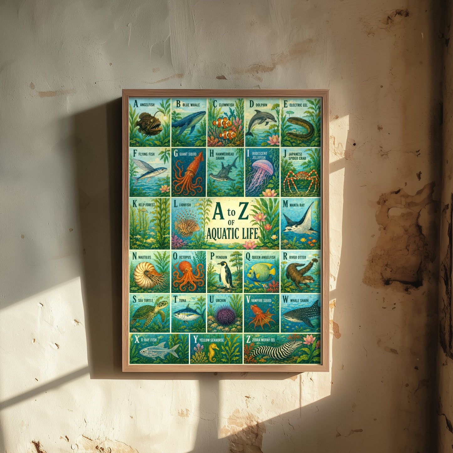 A to Z of Aquatic Life Alphabet Art Print - Colourful Retro Illustration - Kids Ocean Chart Poster 3/3