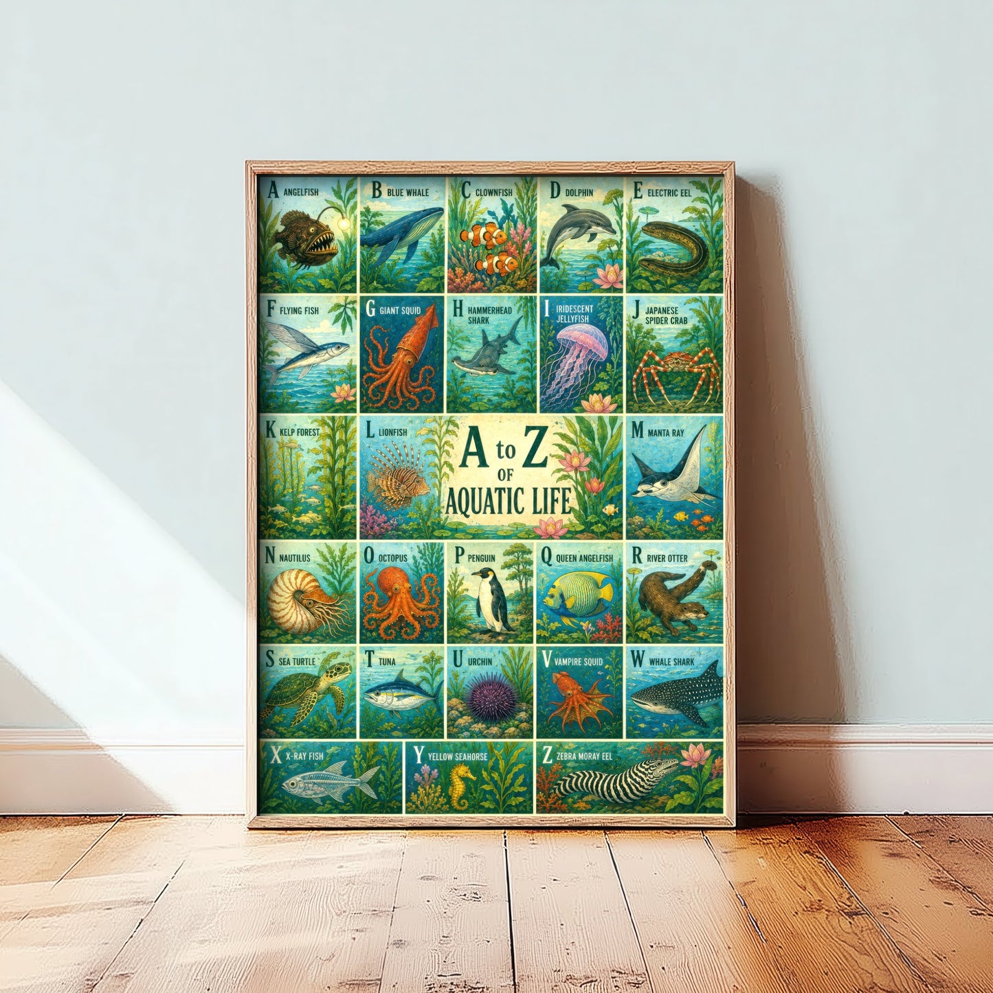 A to Z of Aquatic Life Alphabet Art Print - Colourful Retro Illustration - Kids Ocean Chart Poster 3/3