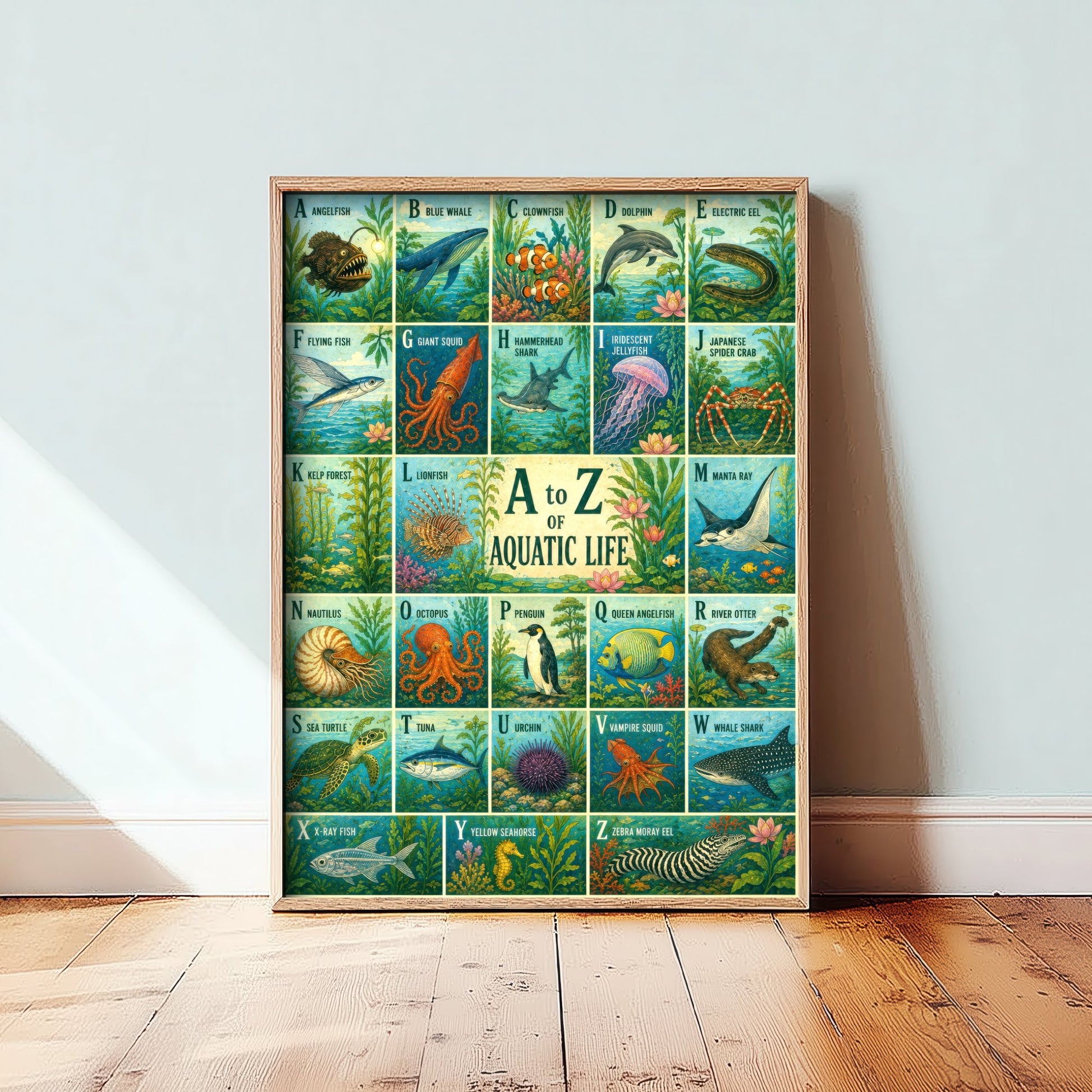 A to Z of Aquatic Life Alphabet Art Print - Colourful Retro Illustration - Kids Ocean Chart Poster 3/3
