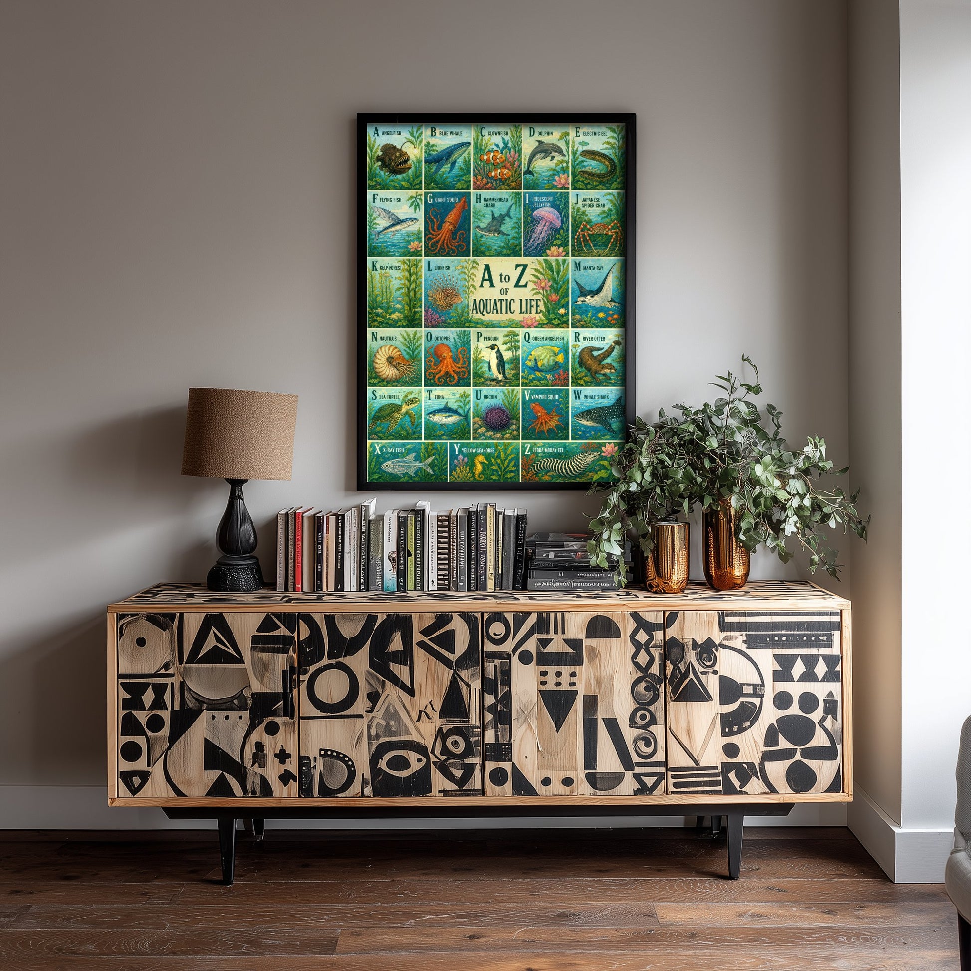 A to Z of Aquatic Life Alphabet Art Print - Colourful Retro Illustration - Kids Ocean Chart Poster 3/3