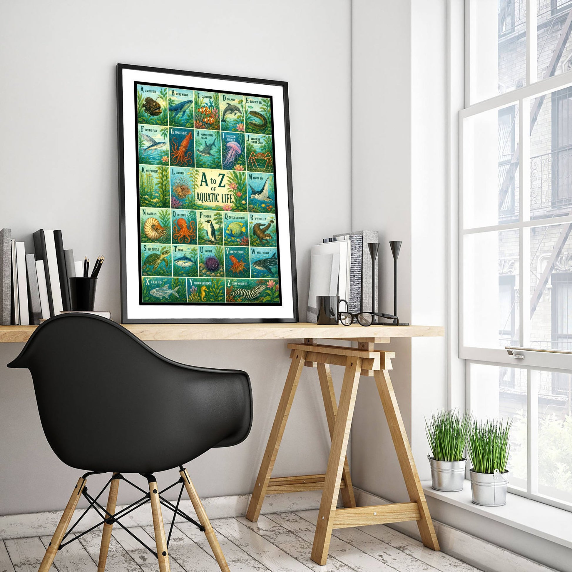 A to Z of Aquatic Life Alphabet Art Print - Colourful Retro Illustration - Kids Ocean Chart Poster 3/3
