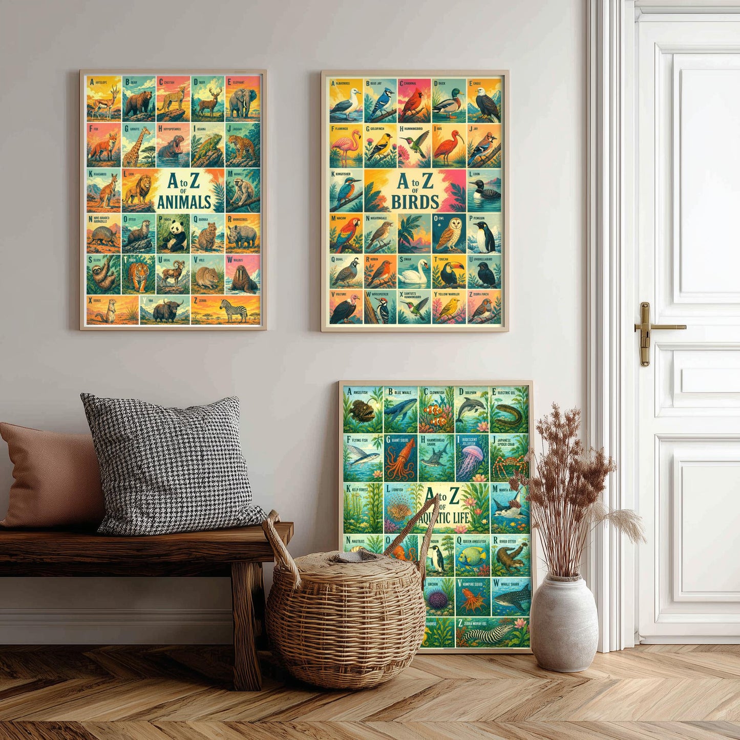 A to Z of Animals, Birds & Aquatic Life Set of Three Art Prints - 3 Colourful Retro Alphabet Posters - Kids Illustration Chart
