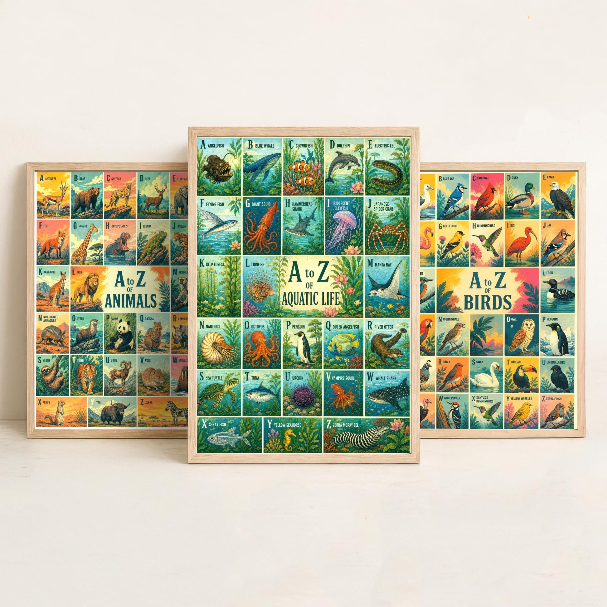 A to Z of Animals, Birds & Aquatic Life Set of Three Art Prints - 3 Colourful Retro Alphabet Posters - Kids Illustration Chart