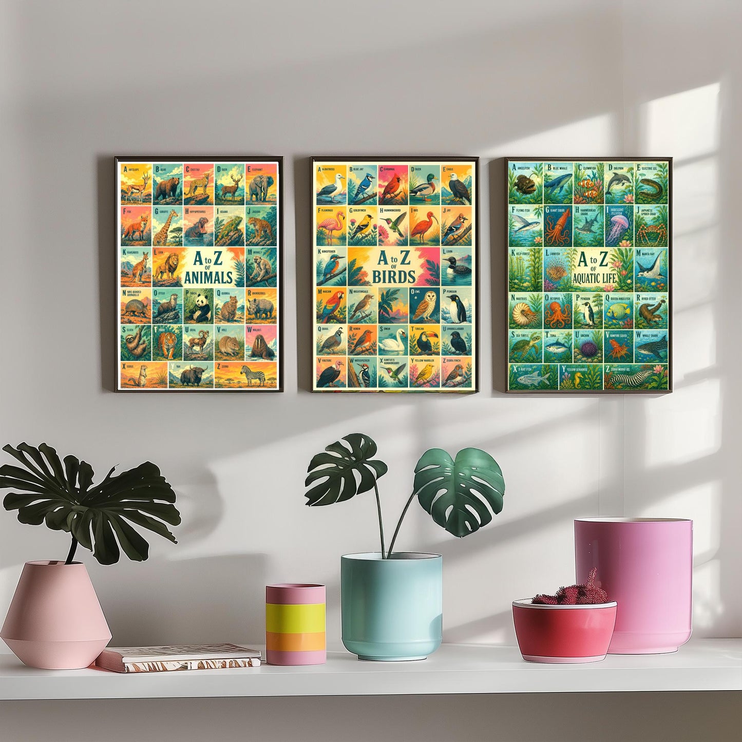 A to Z of Animals, Birds & Aquatic Life Set of Three Art Prints - 3 Colourful Retro Alphabet Posters - Kids Illustration Chart
