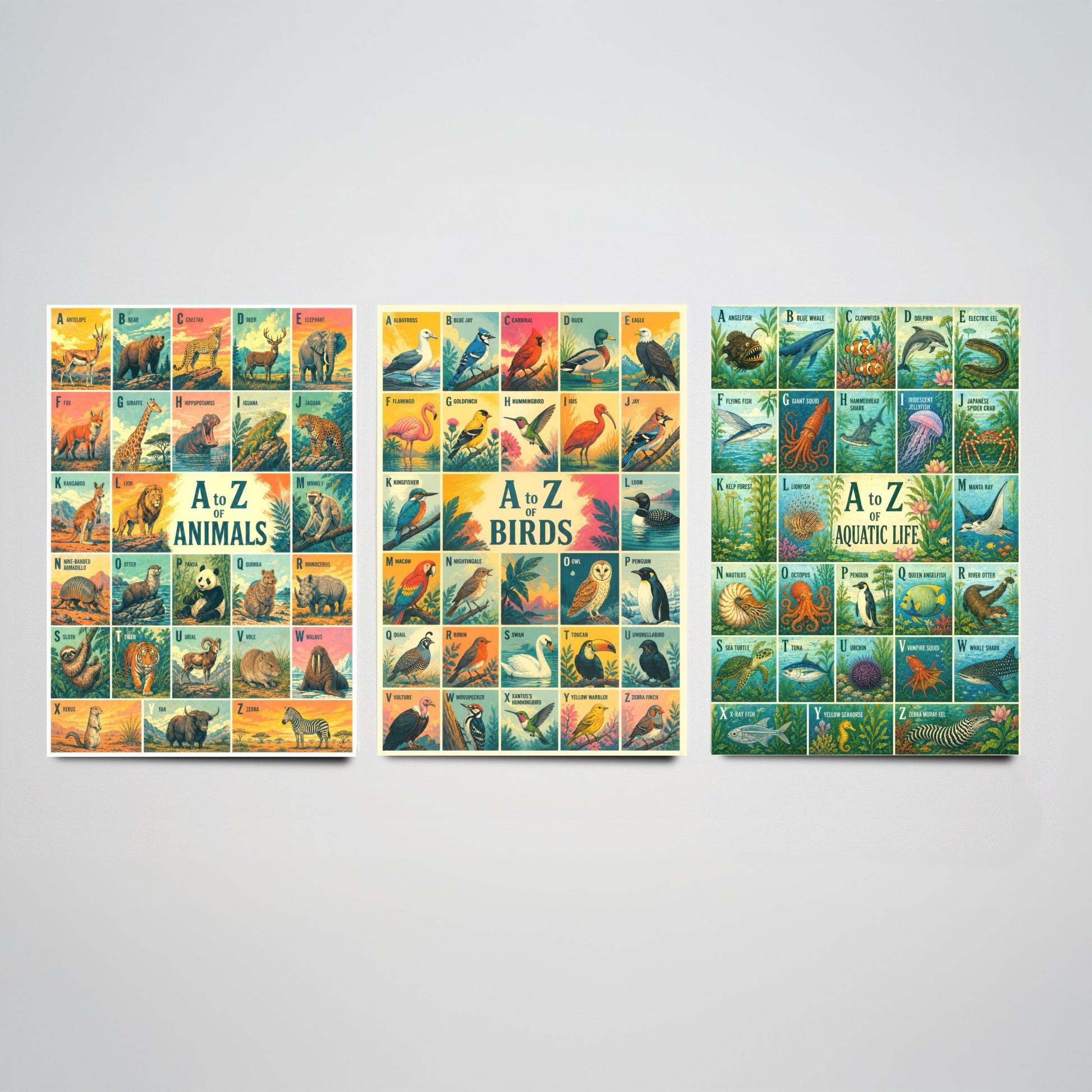 A to Z of Animals, Birds & Aquatic Life Set of Three Art Prints - 3 Colourful Retro Alphabet Posters - Kids Illustration Chart