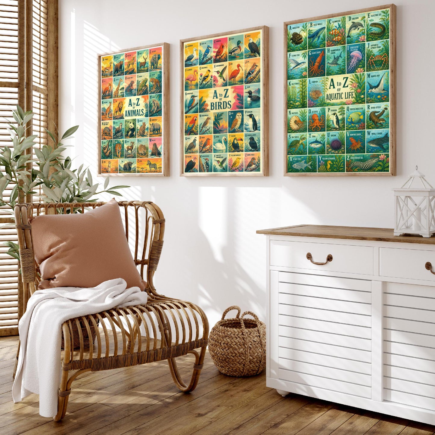A to Z of Animals, Birds & Aquatic Life Set of Three Art Prints - 3 Colourful Retro Alphabet Posters - Kids Illustration Chart
