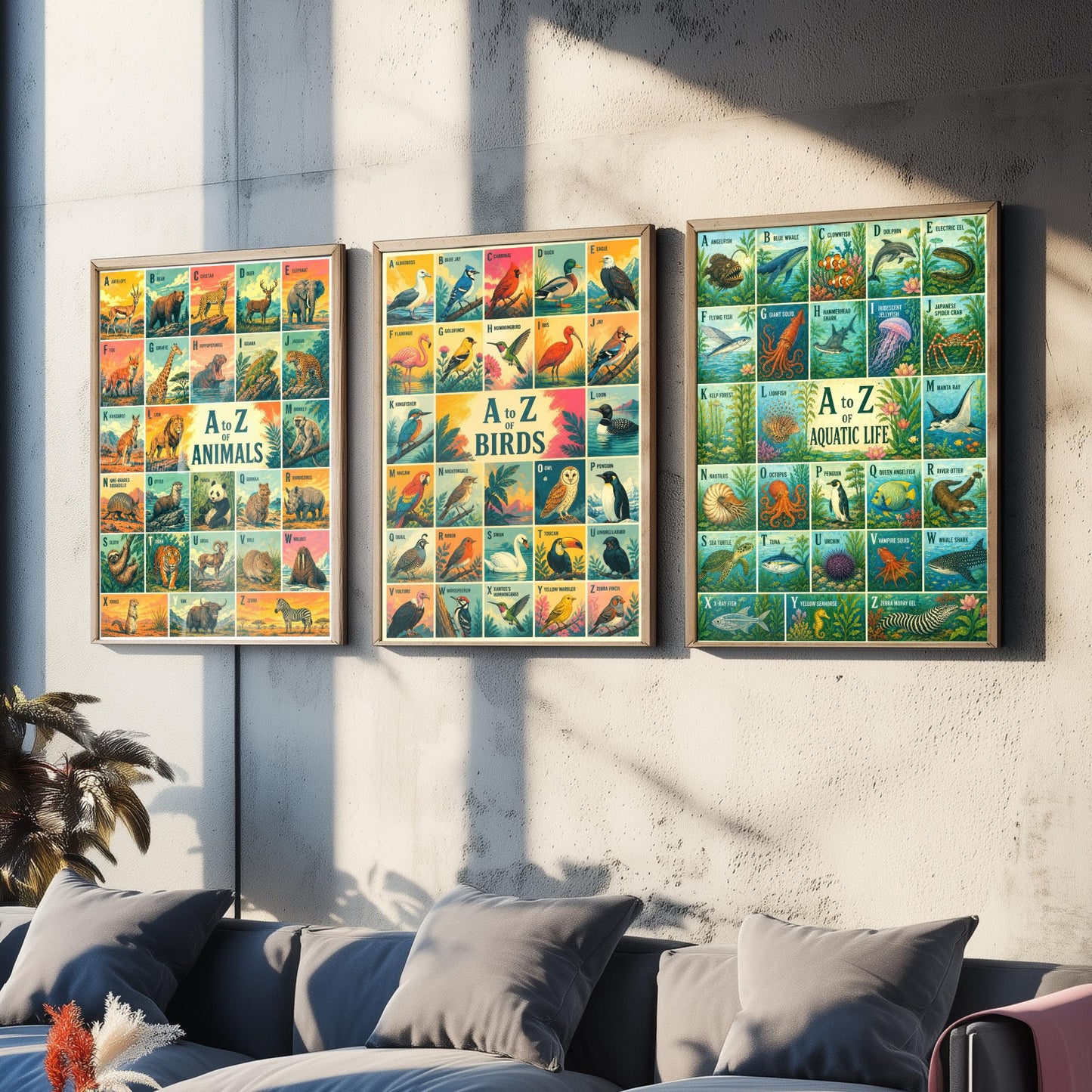 A to Z of Animals, Birds & Aquatic Life Set of Three Art Prints - 3 Colourful Retro Alphabet Posters - Kids Illustration Chart