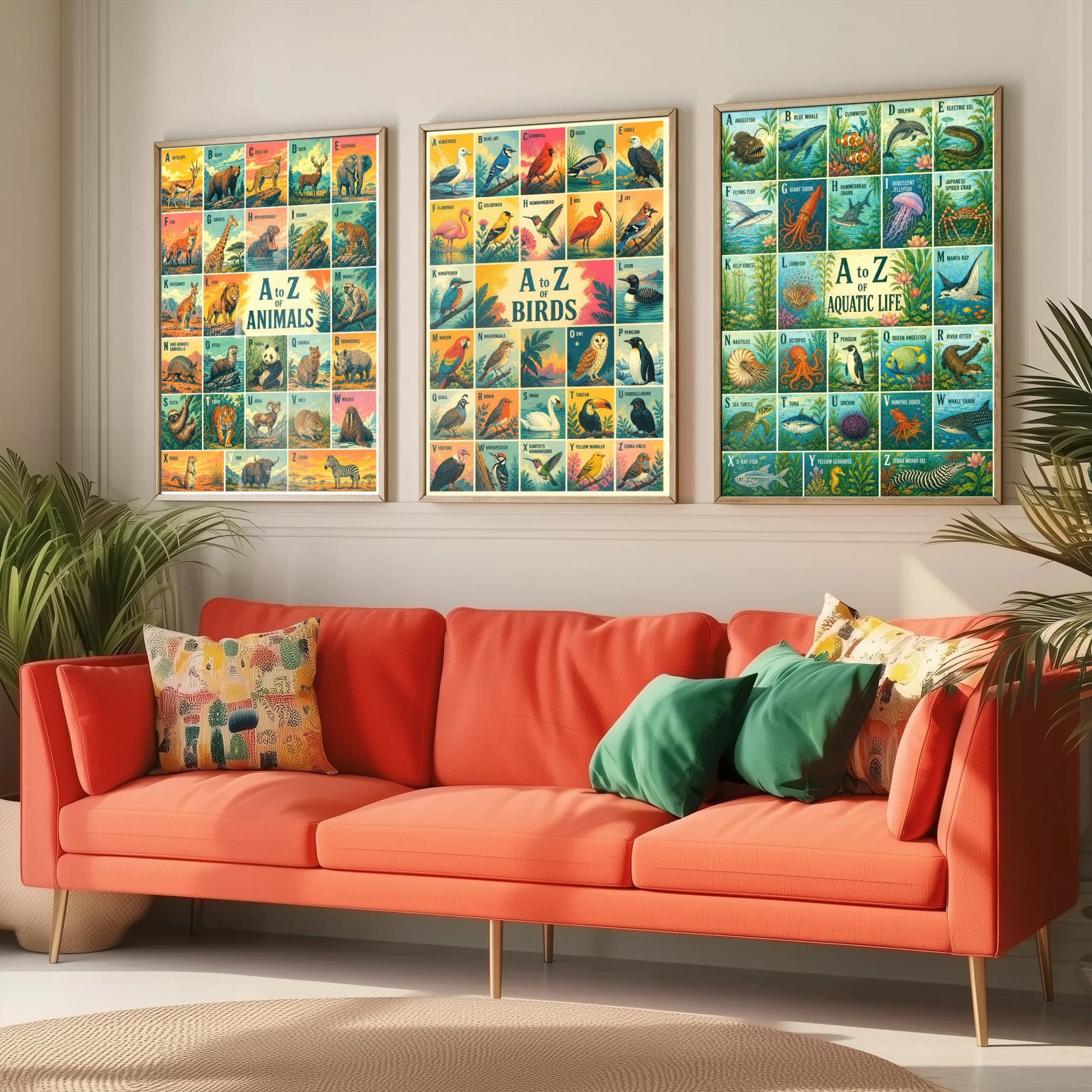 A to Z of Animals, Birds & Aquatic Life Set of Three Art Prints - 3 Colourful Retro Alphabet Posters - Kids Illustration Chart