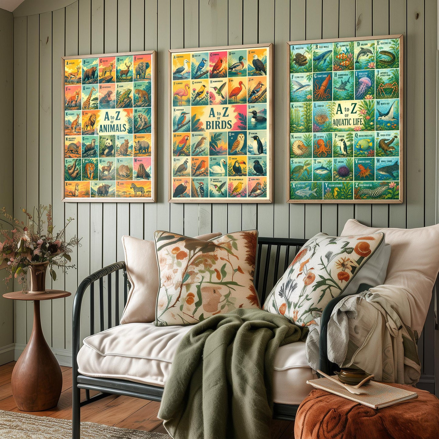 A to Z of Animals, Birds & Aquatic Life Set of Three Art Prints - 3 Colourful Retro Alphabet Posters - Kids Illustration Chart