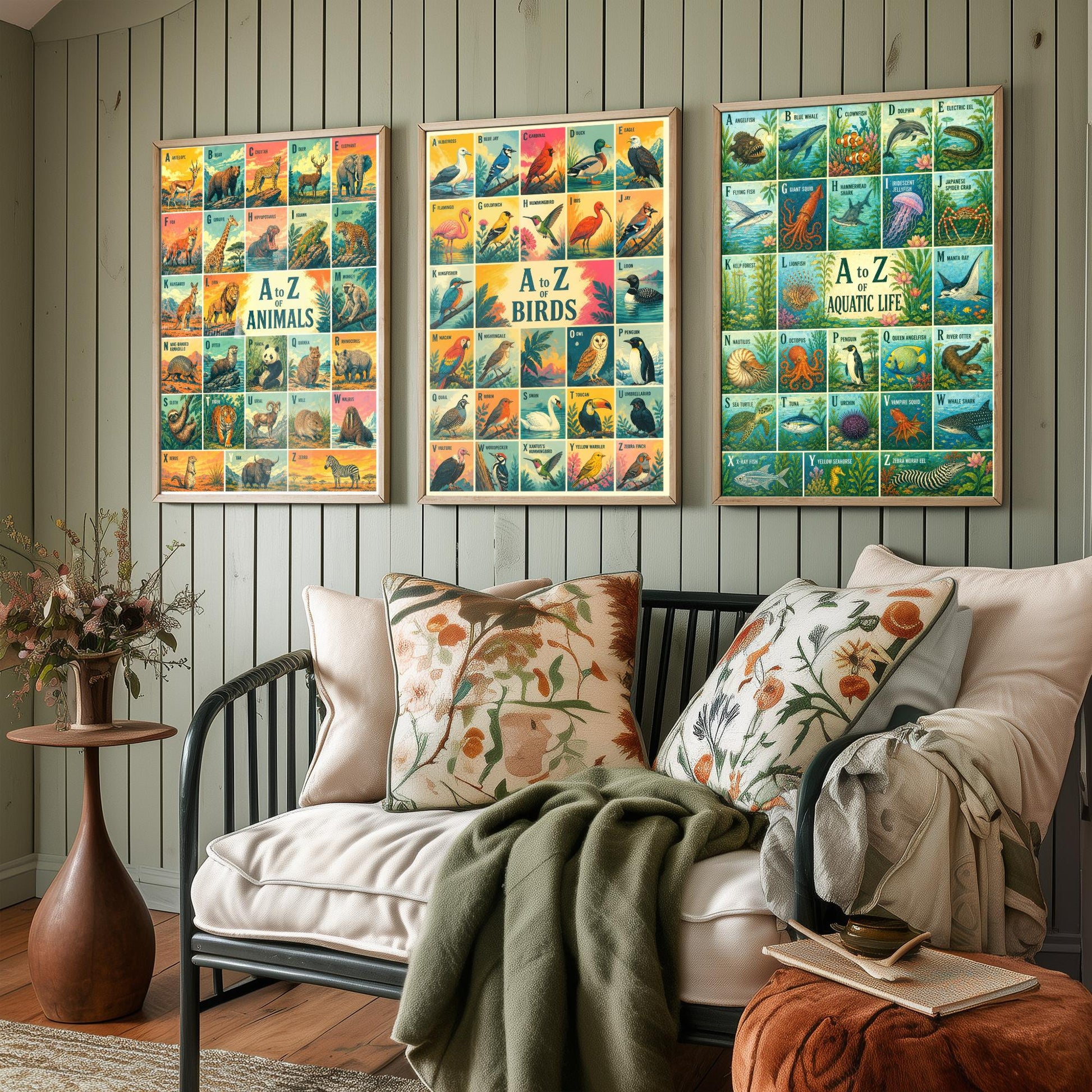 A to Z of Animals, Birds & Aquatic Life Set of Three Art Prints - 3 Colourful Retro Alphabet Posters - Kids Illustration Chart