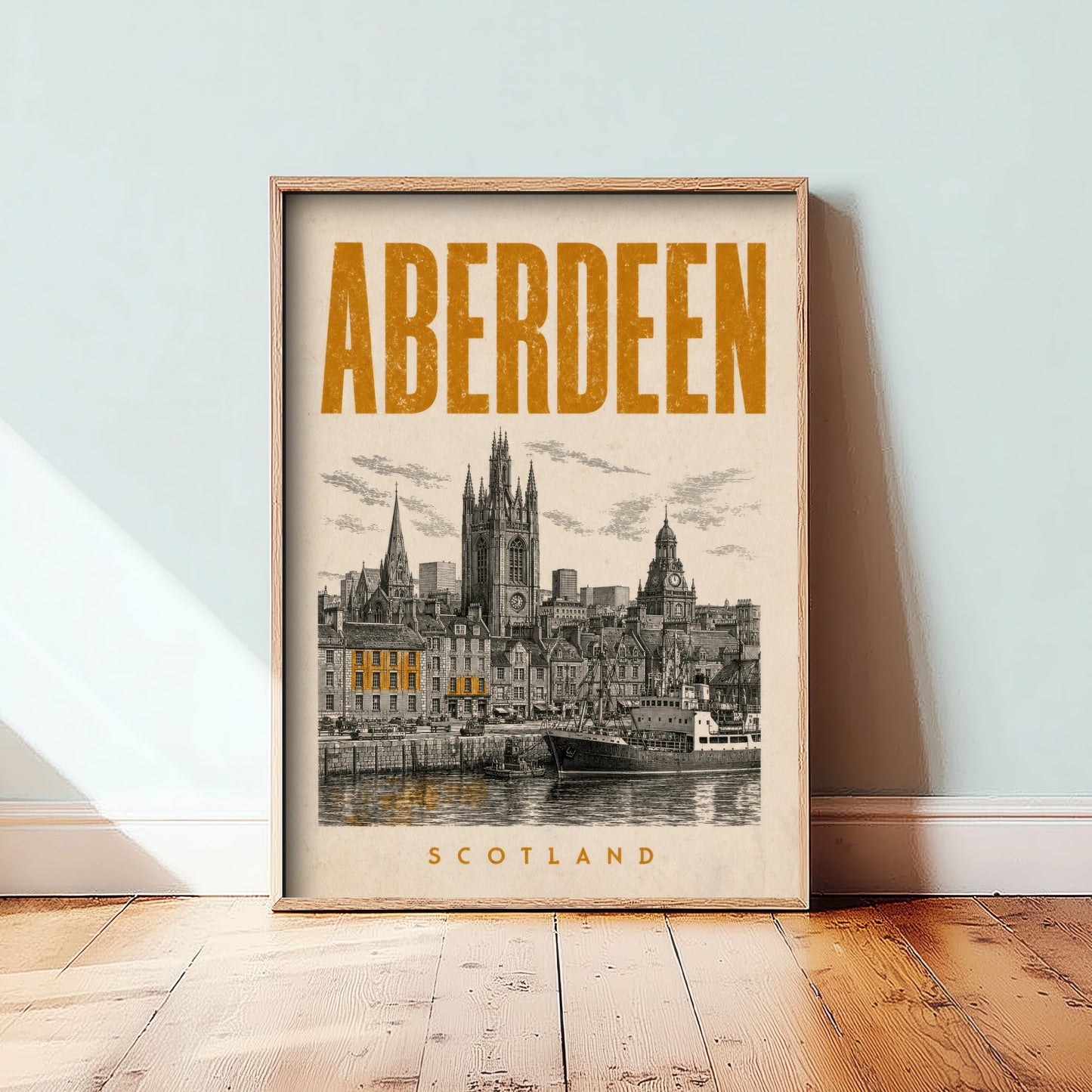Aberdeen Scotland Travel Poster - Vintage Duotone Art Print - Distressed City Illustration - Granite City Skyline 1/3