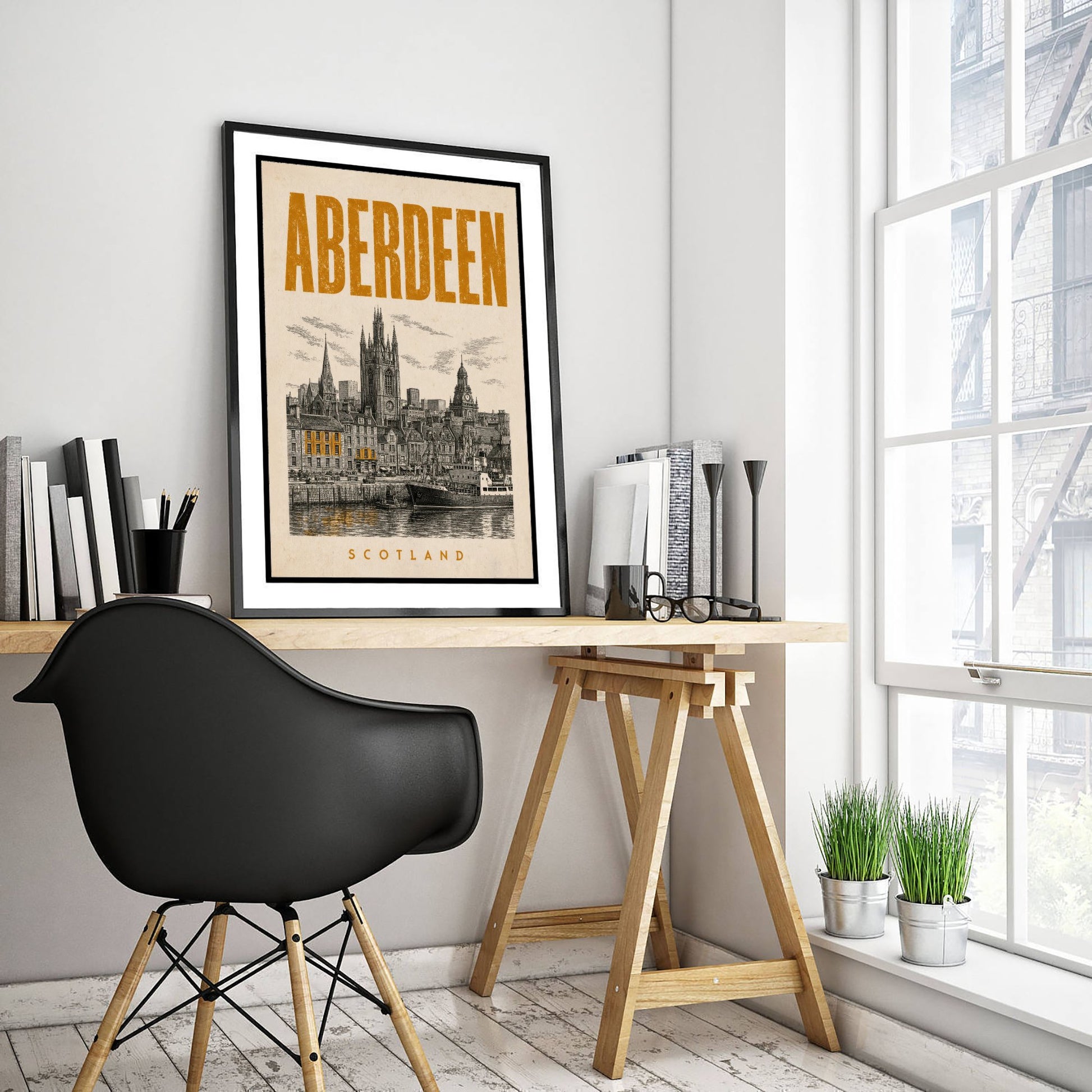 Aberdeen Scotland Travel Poster - Vintage Duotone Art Print - Distressed City Illustration - Granite City Skyline 1/3