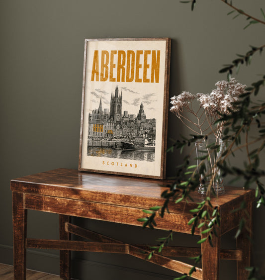 Aberdeen Scotland Travel Poster - Vintage Duotone Art Print - Distressed City Illustration - Granite City Skyline 1/3