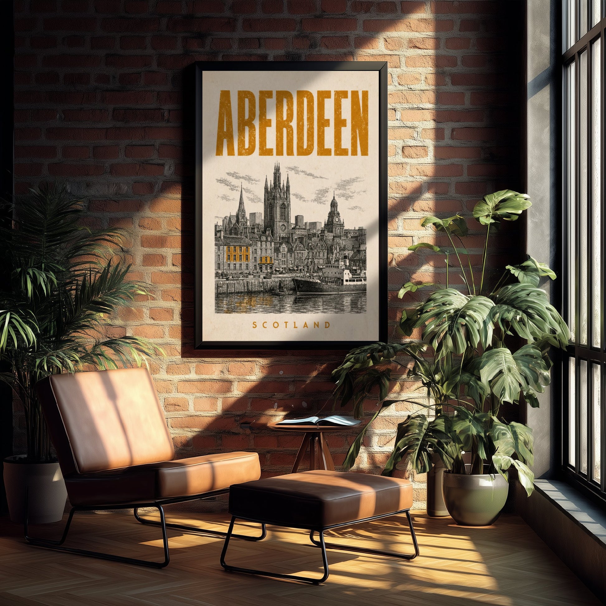 Aberdeen Scotland Travel Poster - Vintage Duotone Art Print - Distressed City Illustration - Granite City Skyline 1/3
