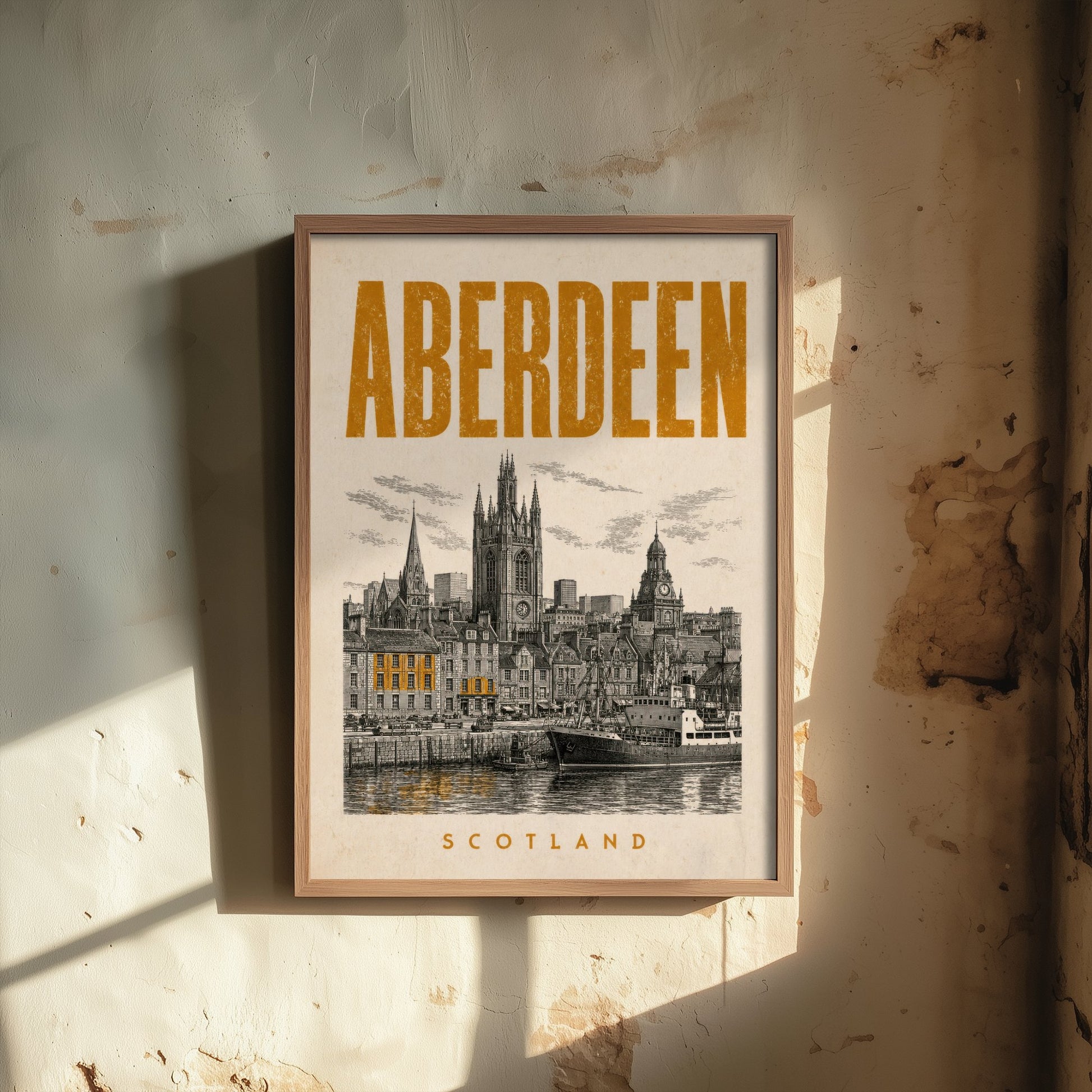 Aberdeen Scotland Travel Poster - Vintage Duotone Art Print - Distressed City Illustration - Granite City Skyline 1/3