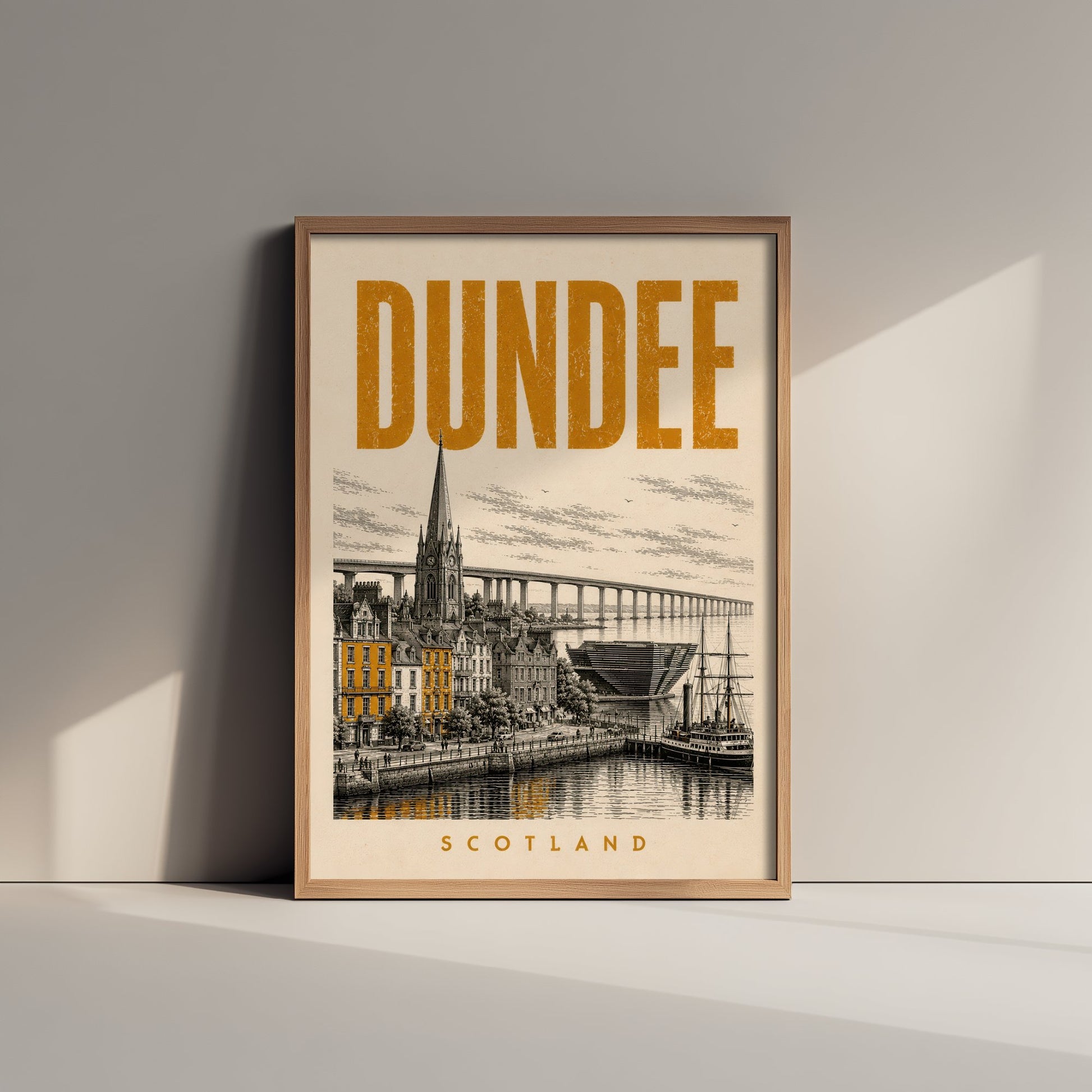Dundee Scotland Travel Poster - Vintage Duotone Art Print - Distressed City Illustration - Waterfront Tay Bridge 2/3
