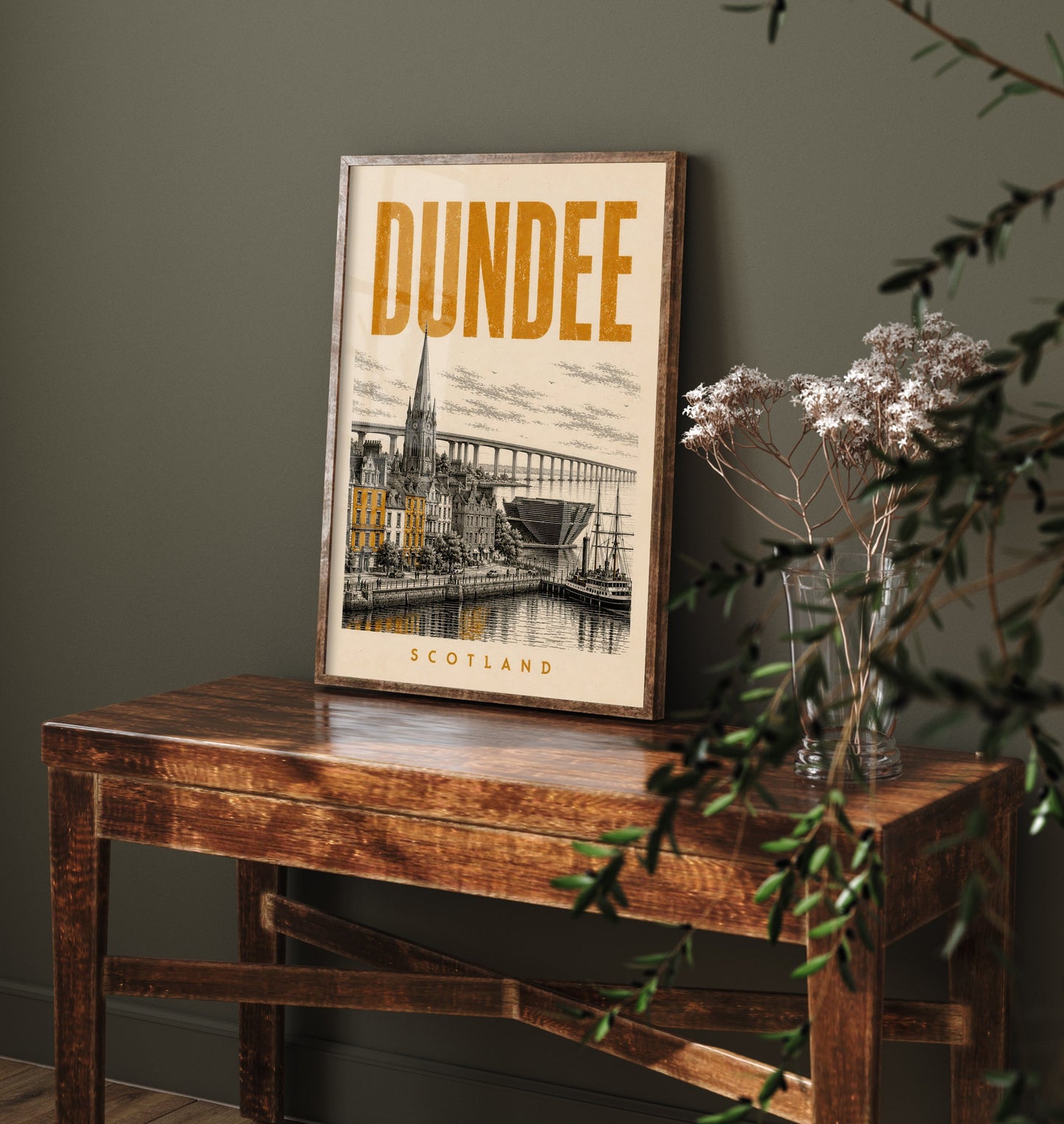 Dundee Scotland Travel Poster - Vintage Duotone Art Print - Distressed City Illustration - Waterfront Tay Bridge 2/3