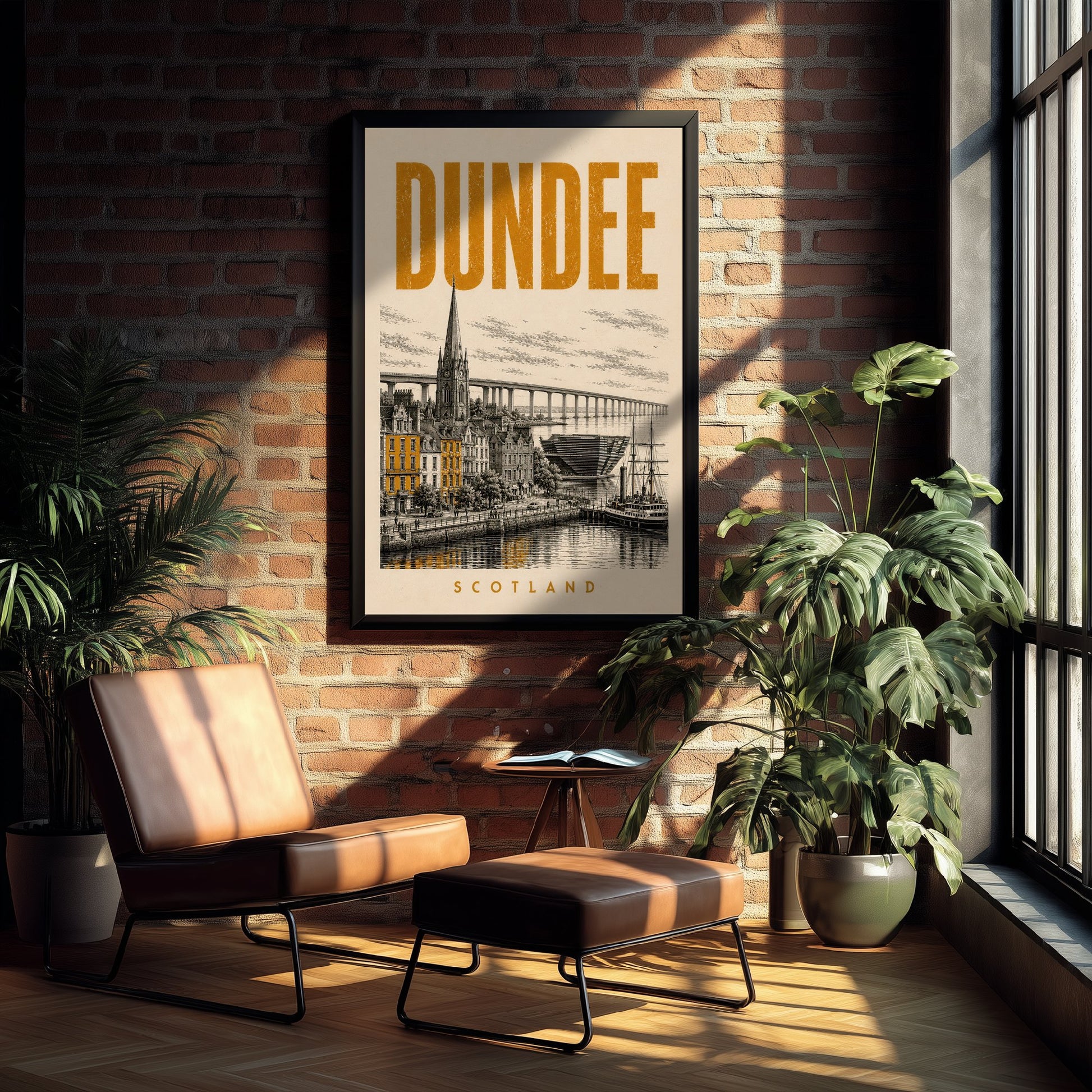 Dundee Scotland Travel Poster - Vintage Duotone Art Print - Distressed City Illustration - Waterfront Tay Bridge 2/3
