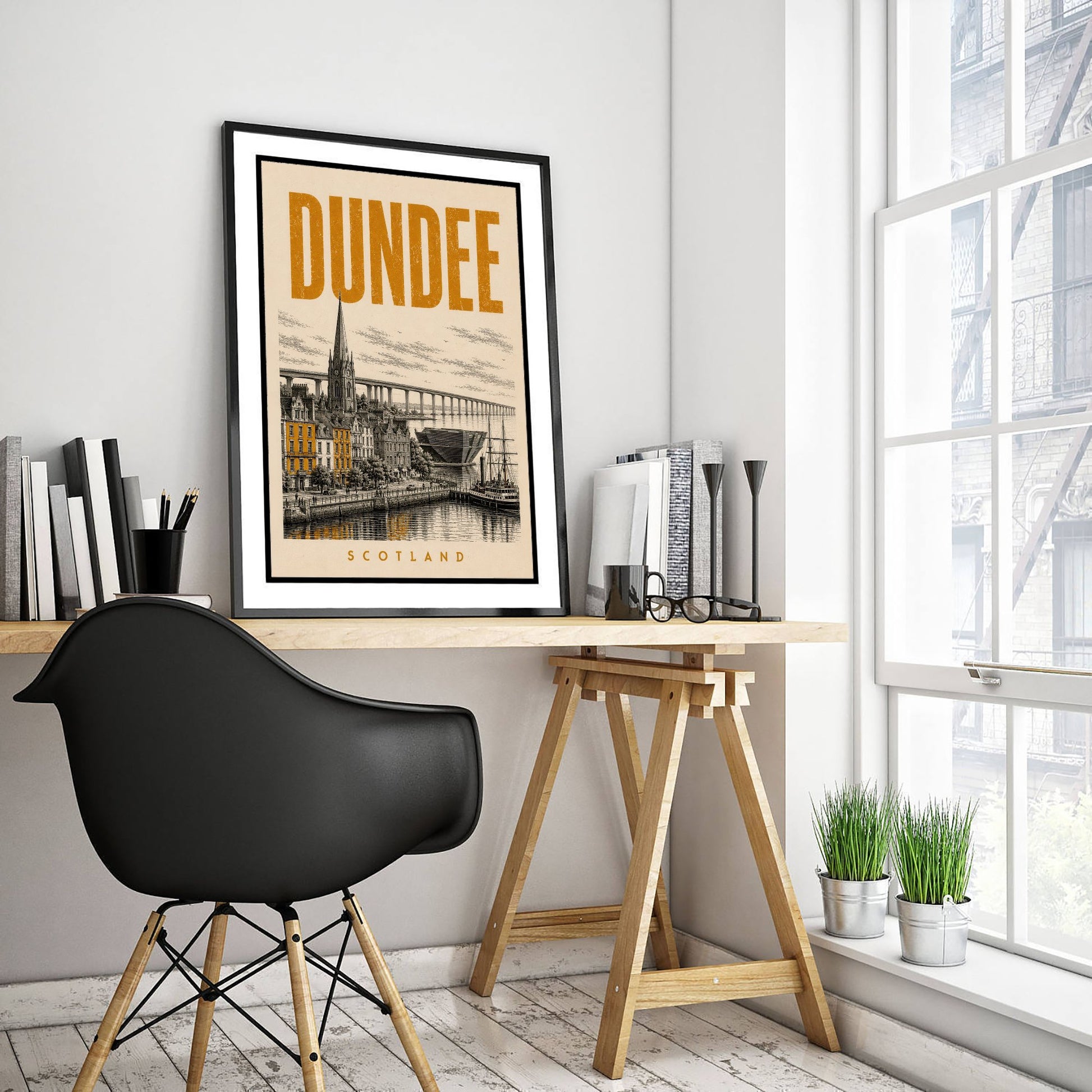 Dundee Scotland Travel Poster - Vintage Duotone Art Print - Distressed City Illustration - Waterfront Tay Bridge 2/3