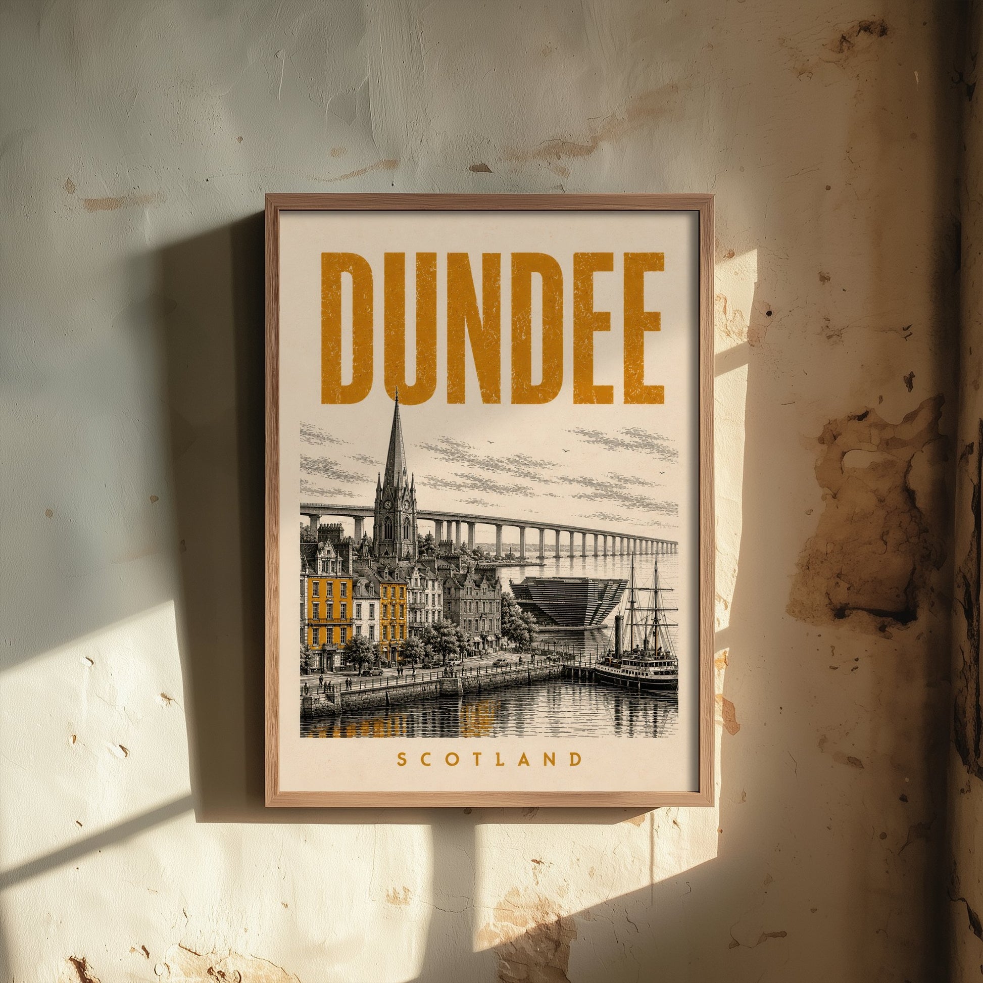 Dundee Scotland Travel Poster - Vintage Duotone Art Print - Distressed City Illustration - Waterfront Tay Bridge 2/3