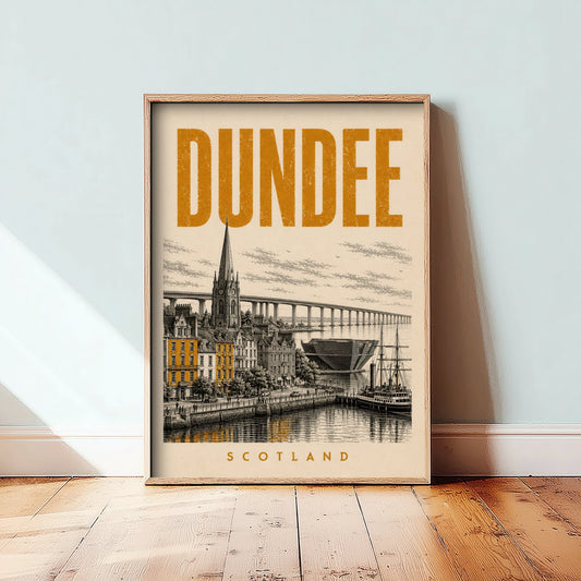 Dundee Scotland Travel Poster - Vintage Duotone Art Print - Distressed City Illustration - Waterfront Tay Bridge 2/3