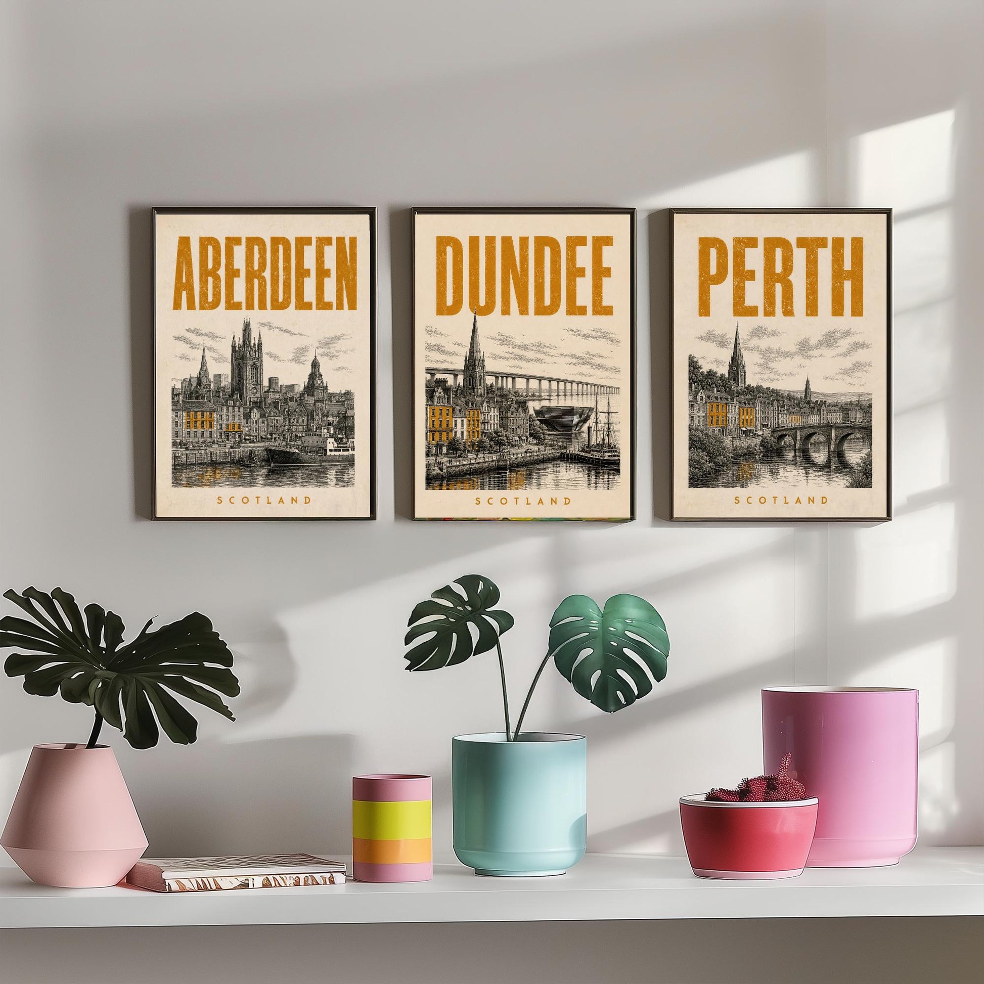 Set of Three Scotland Travel Posters - Aberdeen, Dundee, Perth - 3 Vintage Art Prints - Duotone Illustration Gift Map