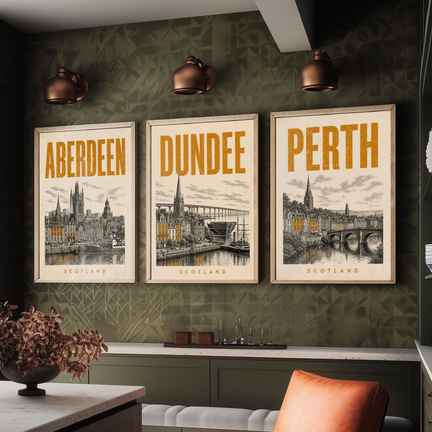 Set of Three Scotland Travel Posters - Aberdeen, Dundee, Perth - 3 Vintage Art Prints - Duotone Illustration Gift Map