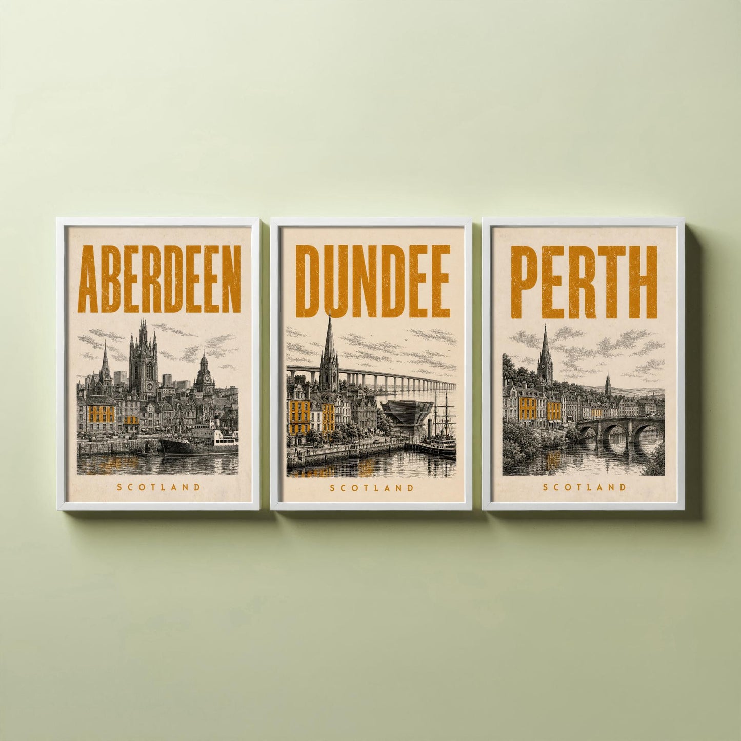 Set of Three Scotland Travel Posters - Aberdeen, Dundee, Perth - 3 Vintage Art Prints - Duotone Illustration Gift Map